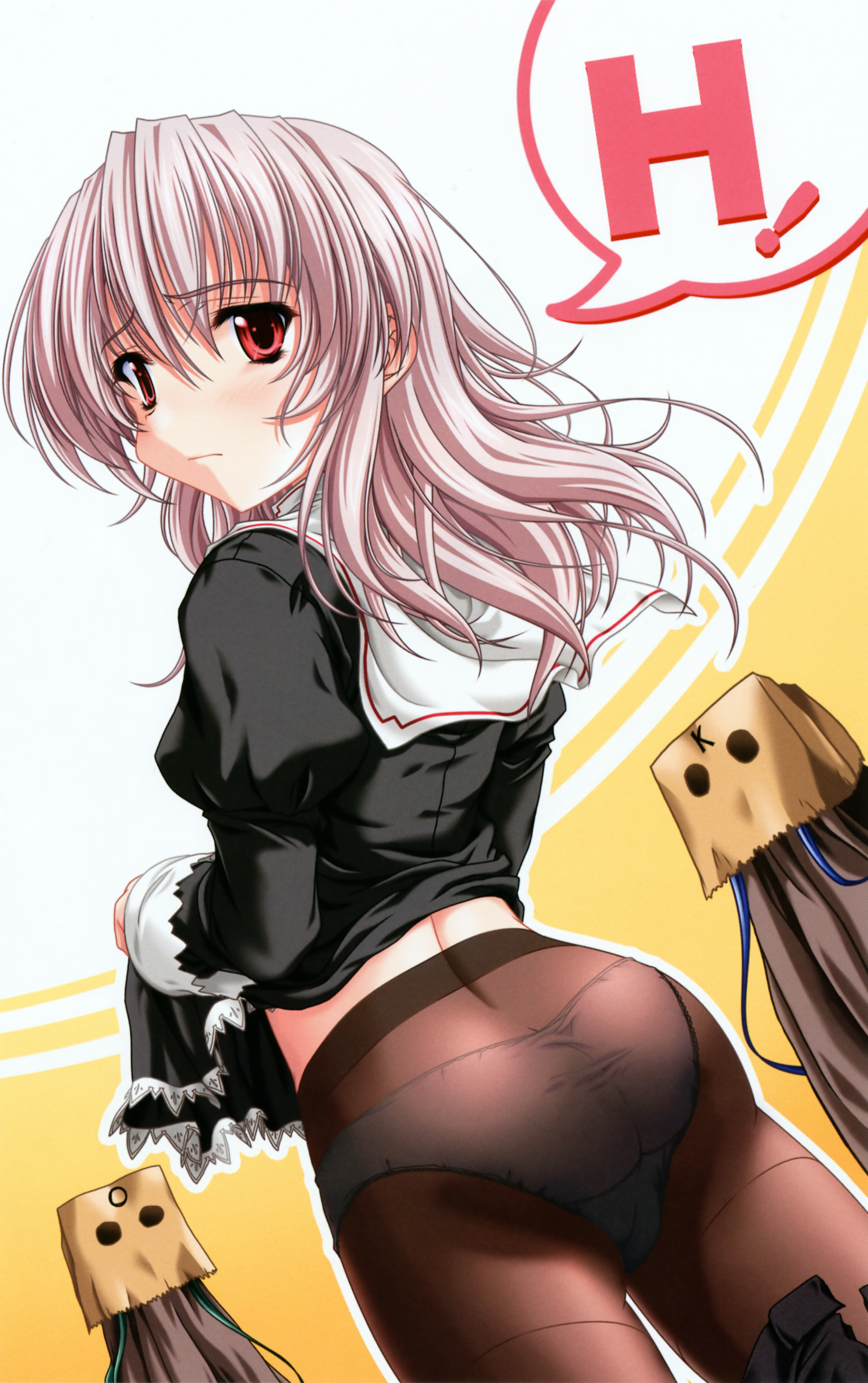 miyama-zero, katsuragi kao, ousaka haruna, sakurami shieru, princess brave, silver hair, absurdres, highres, huge filesize, non-web source, 3girls, ass, bag, bag on head, bag over head, blue hair, blush, clothes lift, dress, dress lift, from behind, frown, green hair, h (letter), long hair, looking back, multiple girls, panties, panties under pantyhose, pantyhose, paper bag, pink hair, red eyes, school uniform, see-through clothes, skirt, skirt lift, underwear