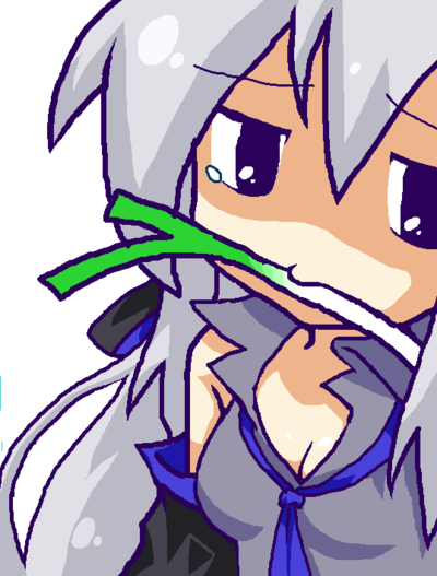 yowane haku, vocaloid, silver hair, md5 mismatch, resolution mismatch, source larger, 1girl, ahoge, breasts, chibi, female focus, meme, mouth hold, simple background, solo, spring onion