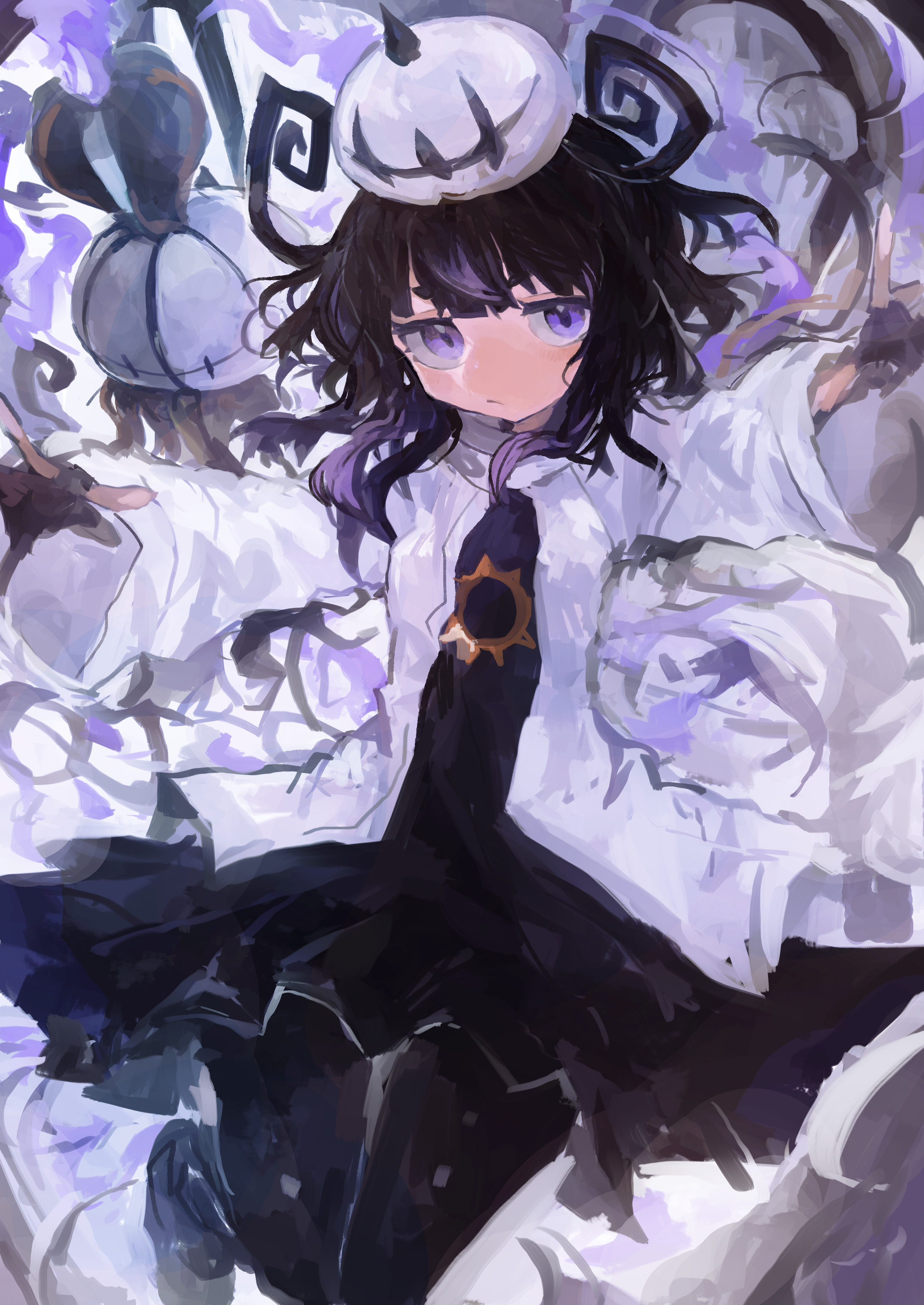 kaamin (mariarose753), chandelure, mega chandelure, nintendo, pokemon, pokemon legends: z-a, absurdres, highres, 1girl, black dress, black hair, black pantyhose, blunt bangs, bob cut, closed mouth, coat, dress, gen 5 pokemon, gloves, gradient hair, hat, long sleeves, looking at viewer, multicolored hair, open clothes, pantyhose, partially fingerless gloves, pokemon (creature), purple eyes, purple hair, short hair, white coat, wide sleeves