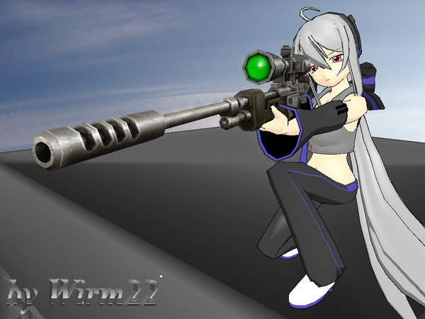 wirm22, yowane haku, vocaloid, silver hair, mikumikudance (medium), 1girl, 3d, ahoge, detached sleeves, female focus, gun, long hair, rifle, sniper rifle, sniping, solo, very long hair, weapon