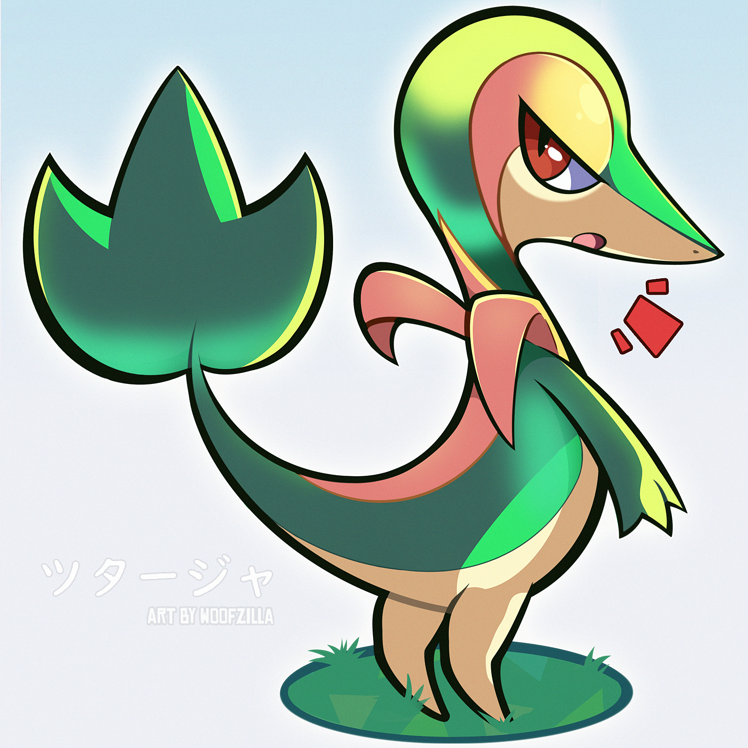 woofzilla, snivy, nintendo, pokemon, commentary, english commentary, highres, full body, gen 5 pokemon, gradient background, grass, looking at viewer, looking back, no humans, open mouth, pokemon (creature), red eyes, simple background, solo, standing