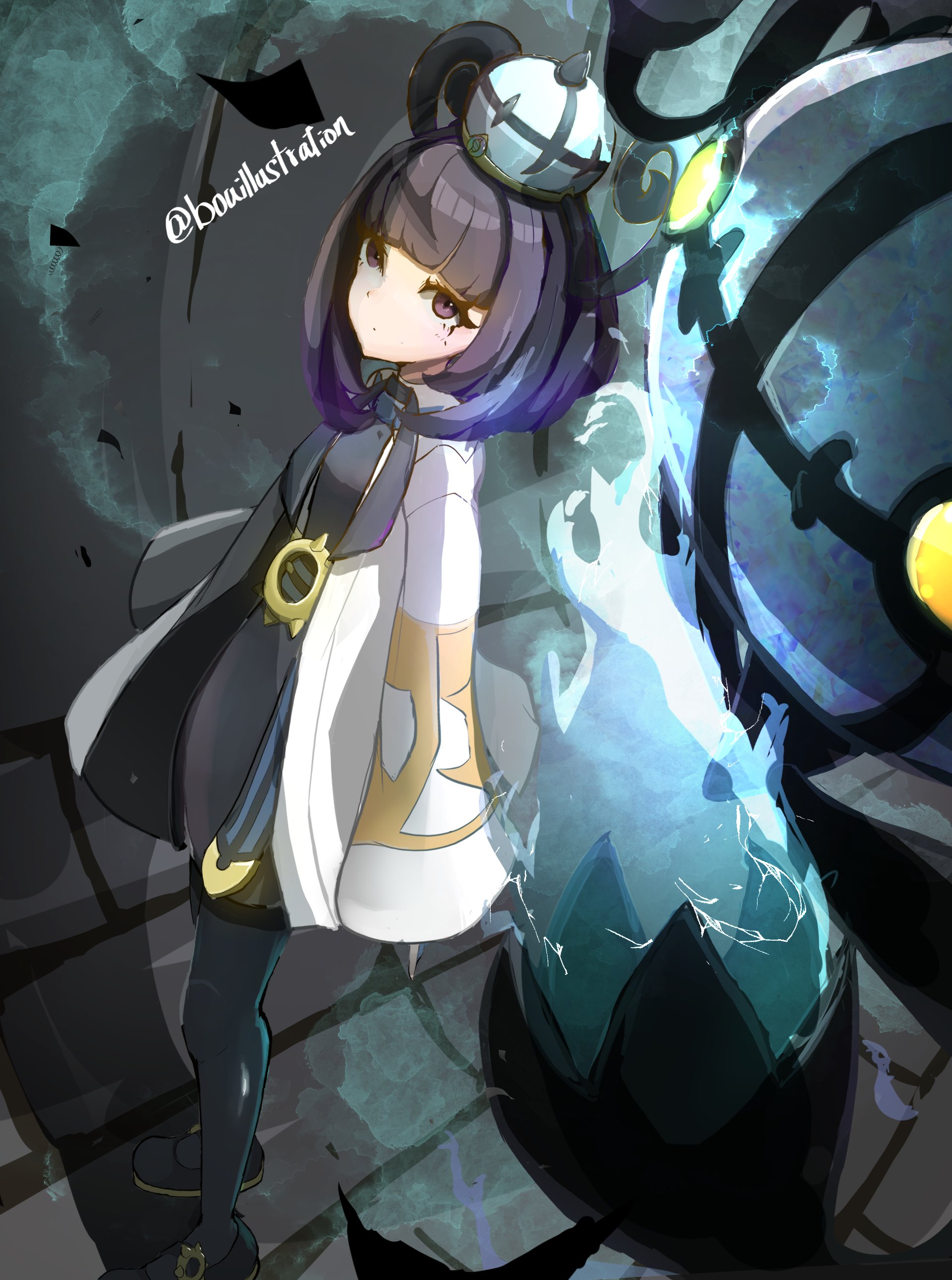 bo (bouillustration), chandelure, gwynn (pokemon), nintendo, pokemon, pokemon legends: z-a, absurdres, highres, 1girl, black dress, black hair, black pantyhose, blue fire, bob cut, closed mouth, coat, dress, fire, gen 5 pokemon, gradient hair, hat, long sleeves, looking at viewer, mega stone, multicolored hair, open clothes, open coat, pantyhose, pokemon (creature), purple eyes, purple hair, short hair, twitter username, white coat