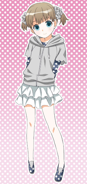 mattaku mousuke, aqua eyes, brown hair, child, hair ornament, hood, hoodie, miniskirt, shoes, short hair, skirt, smile, solo, sweater, twintails