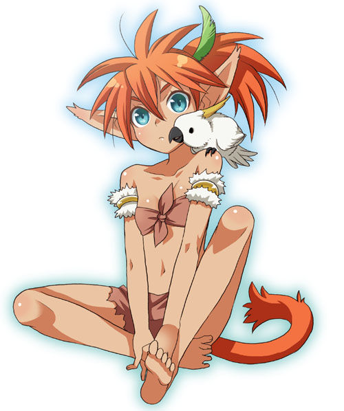 mattaku mousuke, 1girl, animal, animal on shoulder, barefoot, bird, bird on shoulder, dark-skinned female, dark skin, feet, female focus, flat chest, midriff, orange hair, pointy ears, soles, solo, spread toes, tail, toes