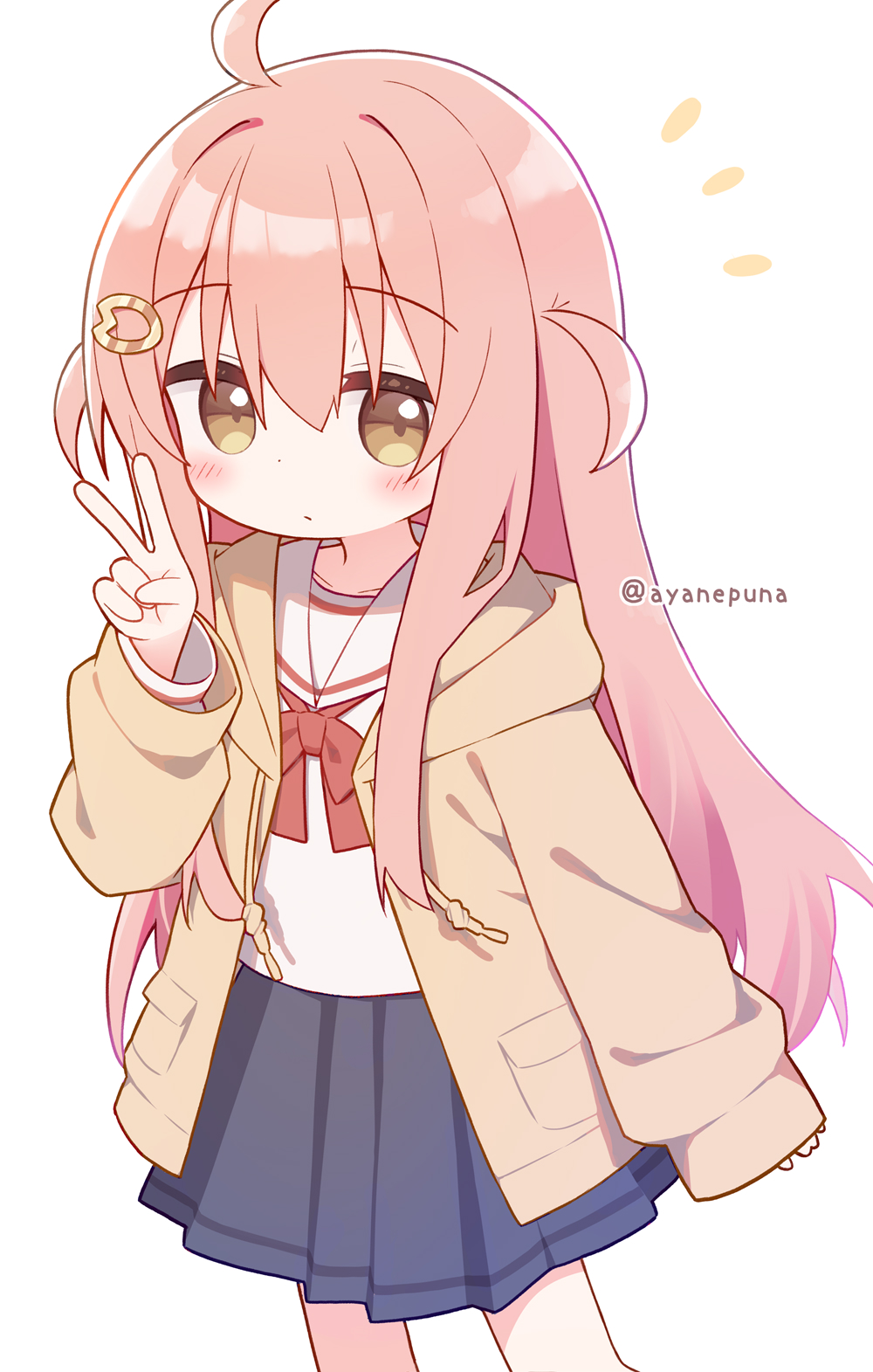 yuune (ayanepuna), ii (ayanepuna), original, commentary, highres, symbol-only commentary, 1girl, ahoge, blue skirt, blush, bow, bowtie, closed mouth, expressionless, hair ornament, hairclip, hand up, hood, hood down, hooded jacket, jacket, long hair, long sleeves, looking at viewer, notice lines, open clothes, open jacket, pink hair, pleated skirt, red bow, red bowtie, sailor collar, shirt, skirt, solo, two side up, v, very long hair, white background, white sailor collar, white shirt, yellow eyes, yellow jacket