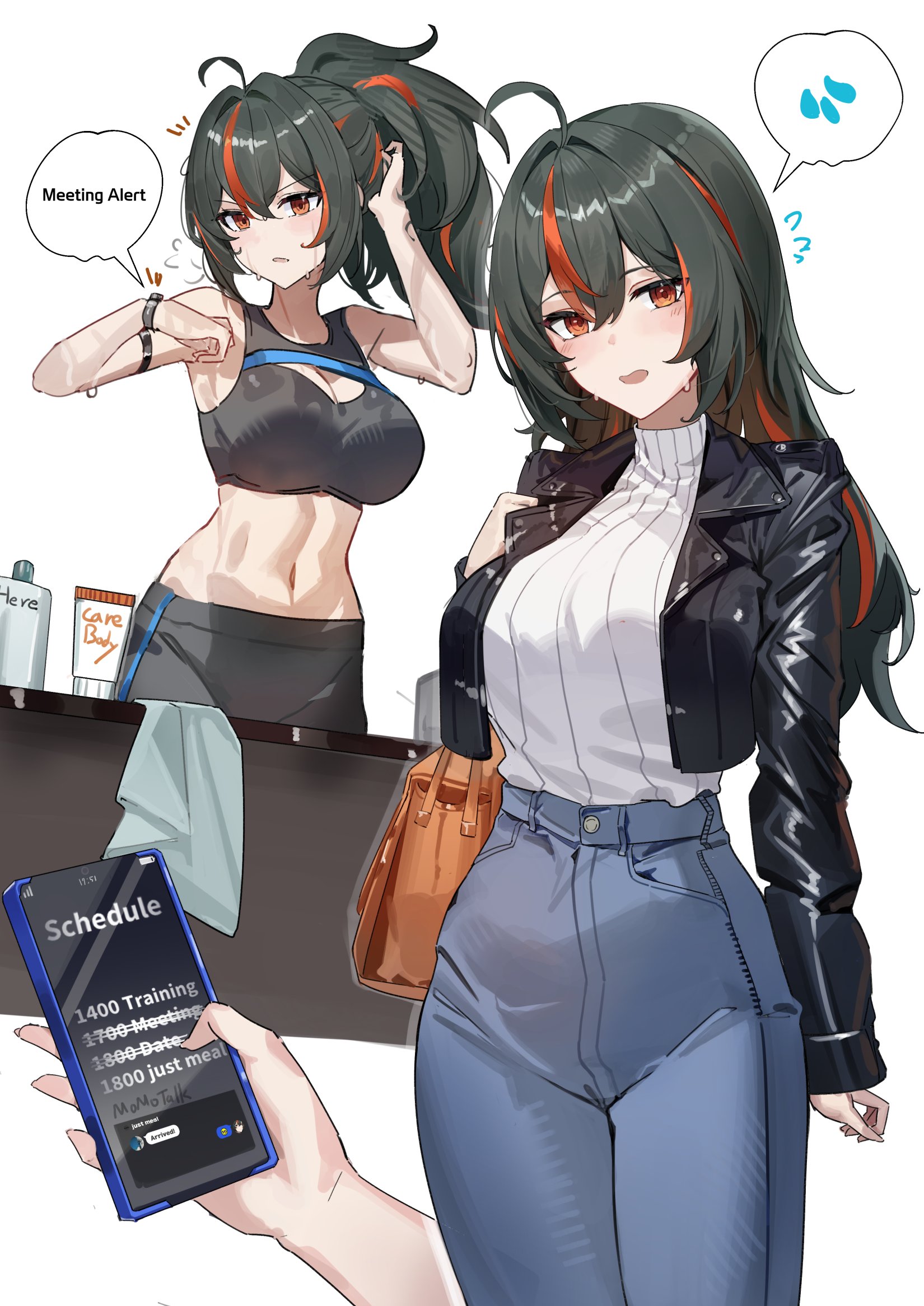 maanu, zhu yuan, zenless zone zero, commentary, highres, symbol-only commentary, 1girl, ahoge, alternate hairstyle, bag, black hair, black jacket, blue pants, breasts, cellphone, flying sweatdrops, high-waist pants, jacket, large breasts, long hair, looking at viewer, multicolored hair, multiple views, navel, pants, phone, ponytail, red eyes, red hair, shirt, shoulder bag, simple background, smartphone, spoken flying sweatdrops, sports bra, stomach, streaked hair, sweat, white background, white shirt, yoga pants