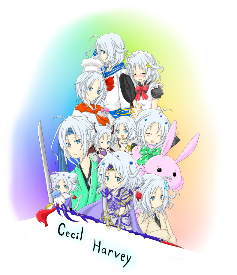 nagatuki, cecil harvey, paladin (final fantasy), samurai (final fantasy), dissidia final fantasy, final fantasy, final fantasy iv, bad id, bad pixiv id, 6+boys, angel, animal ears, blue eyes, bow, cat boy, cat ears, cat tail, character name, chef, chef hat, cosplay, crescent, crossdressing, crossdressing (mtf), demon, frying pan, halo, hat, headband, horns, maid, male focus, male maid, moon, multiple boys, multiple persona, paladin, rabbit, samurai, school uniform, sword, tail, trap, weapon, white hair, wings
