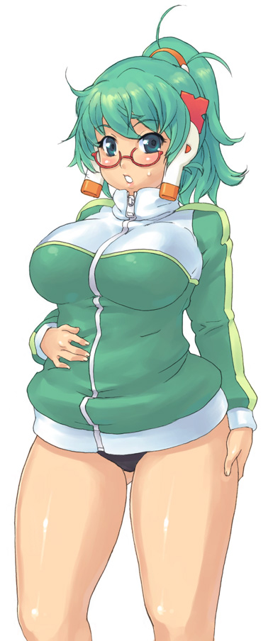 homeko, xp-tan, xp home-tan, xphome, os-tan, long image, non-web source, tall image, 1girl, blush, bottomless, breasts, curvy, female focus, glasses, green eyes, green hair, jacket, jersey, large breasts, legs, long hair, matching hair/eyes, no pants, plump, ponytail, solo, track jacket