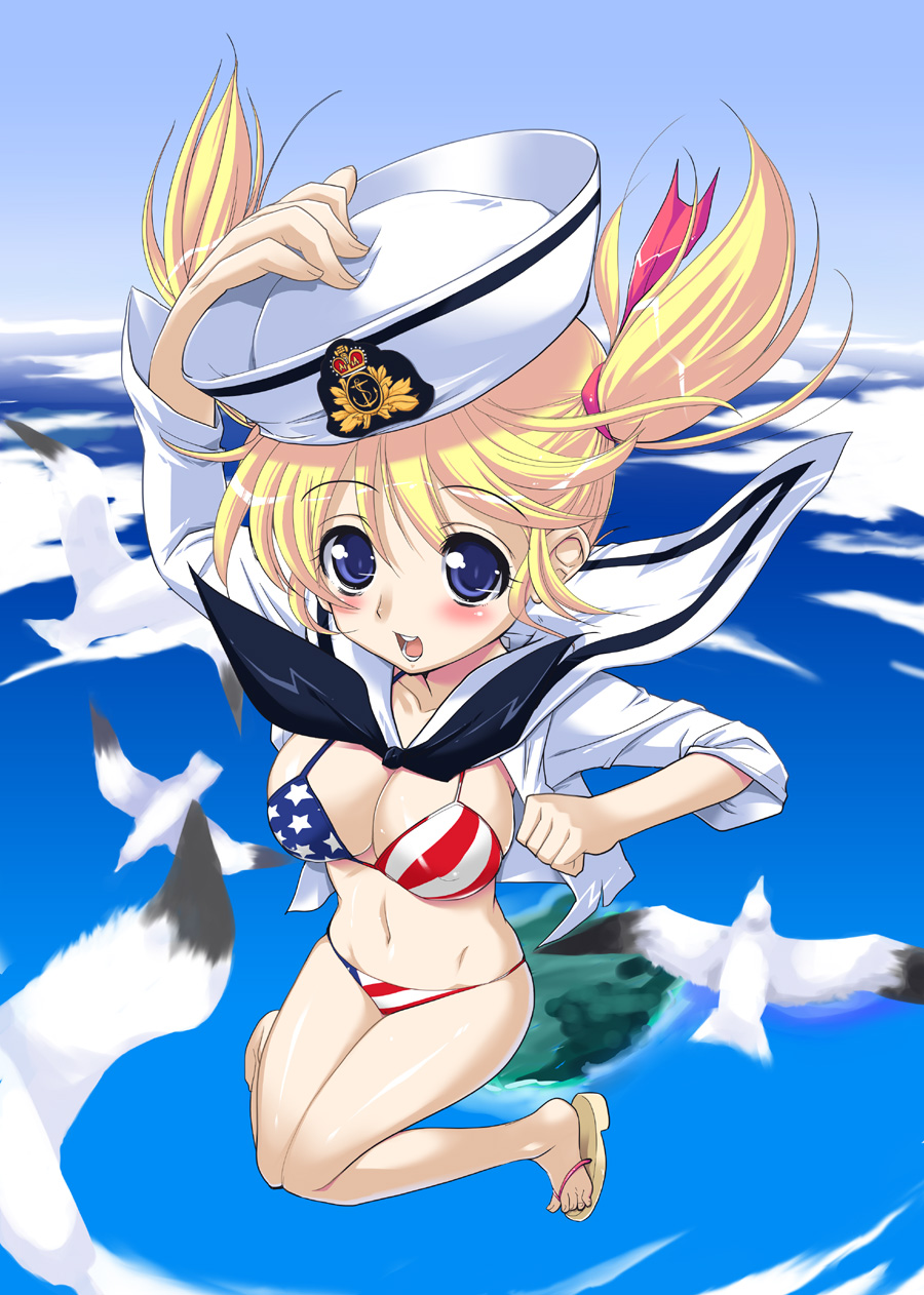 mimana orimoto, orimoto mimana, original, highres, 1girl, above clouds, american flag, american flag bikini, american flag print, bikini, bird, blonde hair, blouse, blue eyes, breasts, cleavage, cloud, day, dixie cup hat, eyes visible through hair, falling, female focus, flag print, flag print bikini, flip-flops, foreshortening, from above, hair between eyes, hat, jumping, large breasts, legs together, military hat, navel, open clothes, open mouth, open shirt, print bikini, sailor, sailor collar, sandals, school uniform, seagull, shirt, short hair, solo, swimsuit, united states
