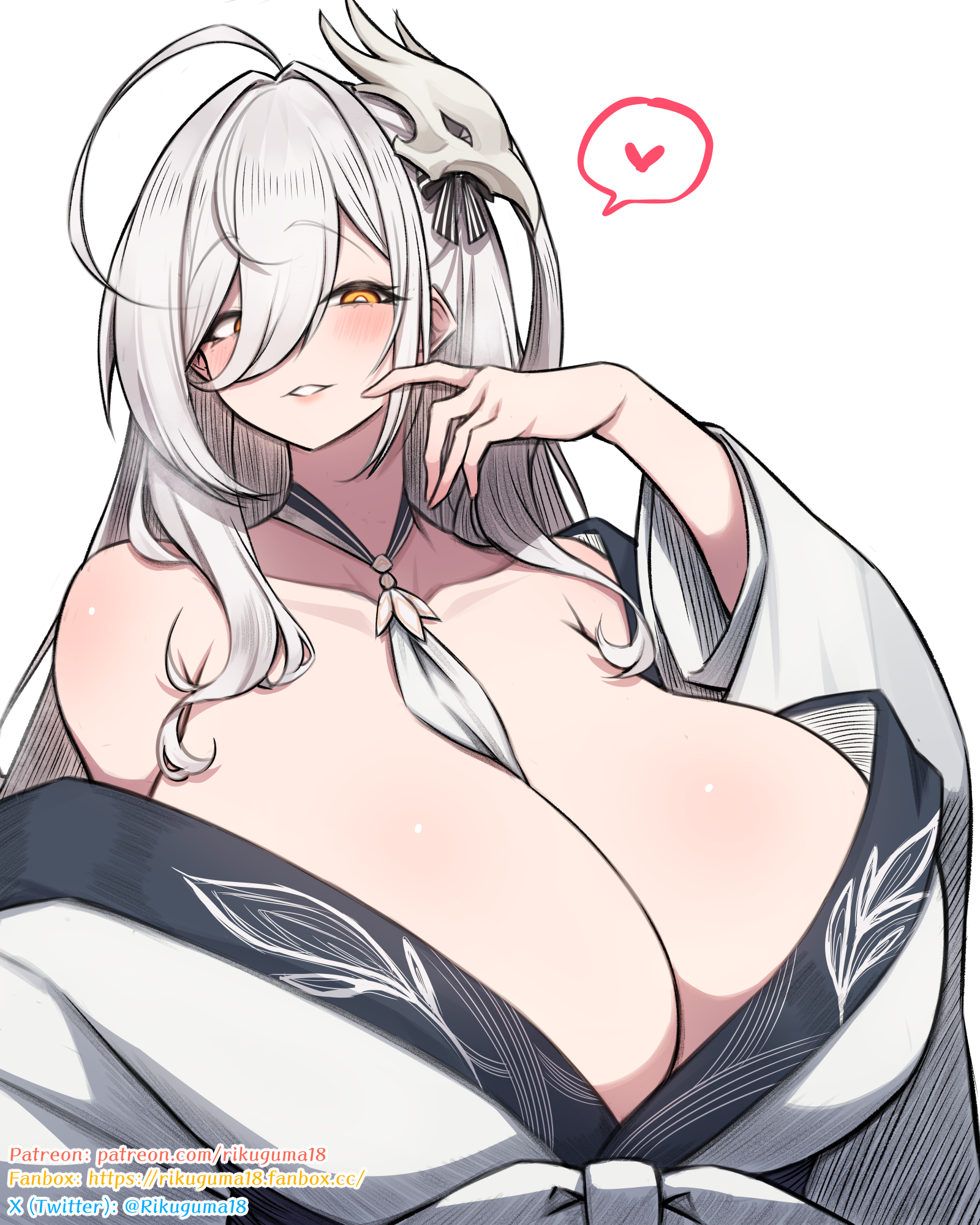 rikuguma, hakuhou (azur lane), azur lane, commentary, highres, 1girl, ahoge, alternate breast size (larger), arm at side, armpit crease, bare shoulders, between breasts, bird mask, black collar, black ribbon, blush, breasts, bright pupils, collar, collarbone, fanbox username, finger to cheek, gigantic breasts, grey hair, grin, hair between eyes, hair ribbon, half-closed eyes, hand up, heart, huge ahoge, japanese clothes, kimono, long bangs, long hair, long sleeves, looking at viewer, mask, mask on head, off shoulder, parted lips, patreon username, ribbon, simple background, smile, solo, speech bubble, spoken heart, striped ribbon, twitter username, two-tone collar, upper body, white background, white collar, white kimono, white pupils, wide sleeves, yellow eyes