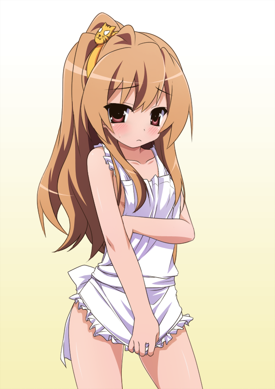 aisaka taiga, toradora!, 00s, 1girl, apron, blush, brown eyes, brown hair, cowboy shot, female focus, loli, long hair, naked apron, pinup (style), ponytail, solo