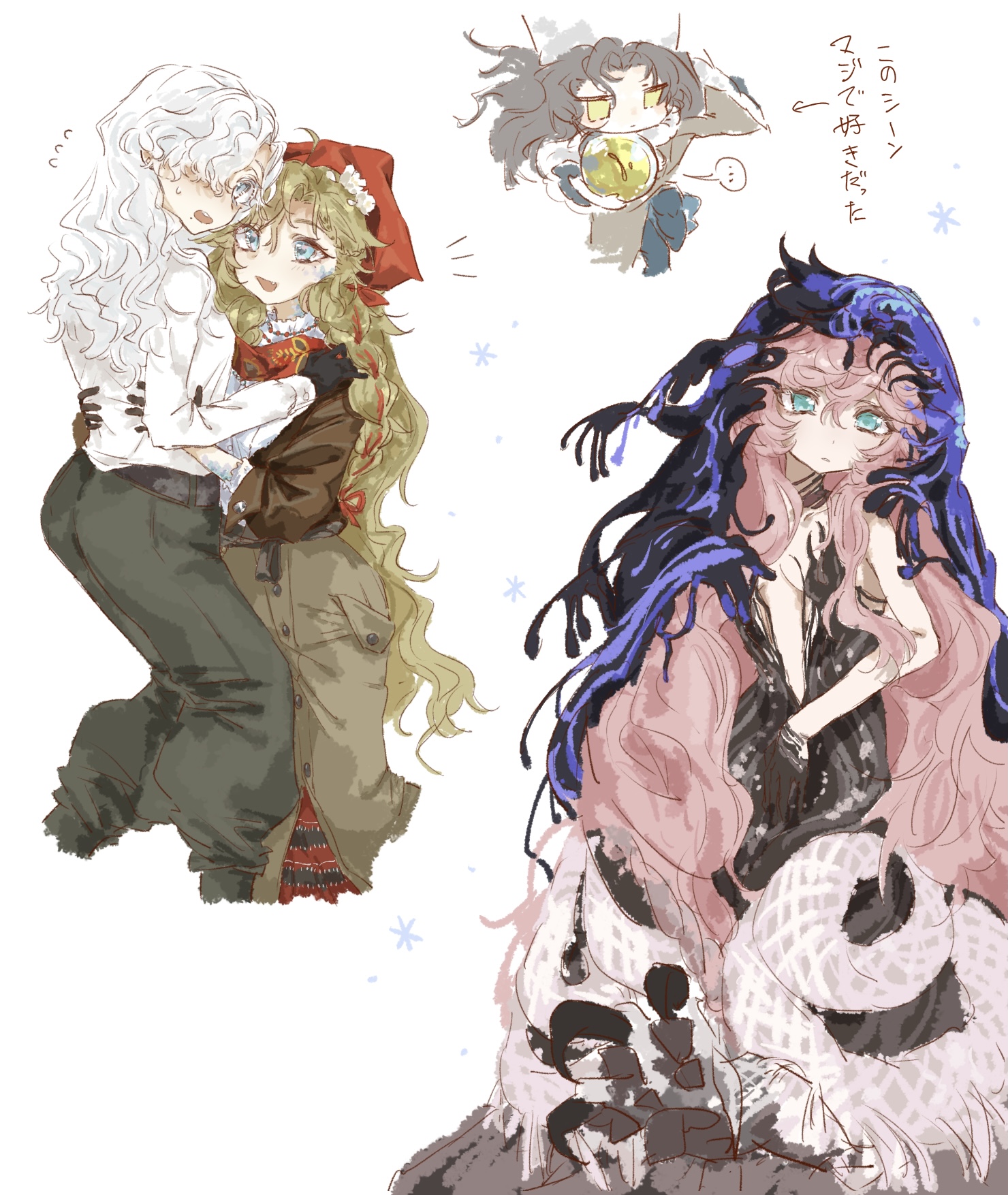 moldir (reverse:1999), nautika (reverse:1999), ulrich (reverse:1999), vila (reverse:1999), windsong (reverse:1999), reverse:1999, highres, translation request, …, 1boy, 4girls, :d, bare shoulders, black dress, black gloves, black hair, black hands, black veil, blonde hair, blue eyes, blue veil, brown gloves, brown jacket, brown skirt, centauroid, chimera, colored extremities, cropped legs, dress, ferrofluid, fishbowl helmet, gloves, grey pants, hair over one eye, hand on another's shoulder, hat, headscarf, holding, hug, hutsutoka, jacket, long hair, long skirt, monster girl, multiple girls, one eye covered, open mouth, pants, pink hair, plunging neckline, red headscarf, red scarf, scarf, shirt, skirt, smile, speech bubble, spoken ellipsis, strapless, strapless dress, taur, two-tone veil, veil, very long hair, white background, white hair, white hat, white shirt, yuri
