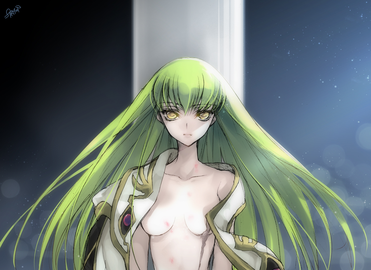creayus, c.c., code geass, 00s, 1girl, breasts, female focus, green hair, long hair, nude, solo, yellow eyes