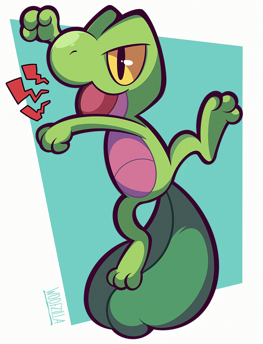 woofzilla, treecko, nintendo, pokemon, commentary, english commentary, highres, artist name, blue background, border, colored sclera, full body, gen 3 pokemon, no humans, nostrils, open mouth, pokemon (creature), shouting, solo, white border, yellow sclera