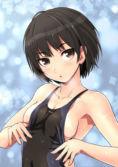 fujisawa takashi, nanasaki ai, amagami, bad id, bad pixiv id, 1girl, black hair, breasts, brown eyes, cleavage, competition swimsuit, female focus, one-piece swimsuit, one-piece tan, shiny skin, short hair, sideboob, solo, swimsuit, tan, tanline, upper body