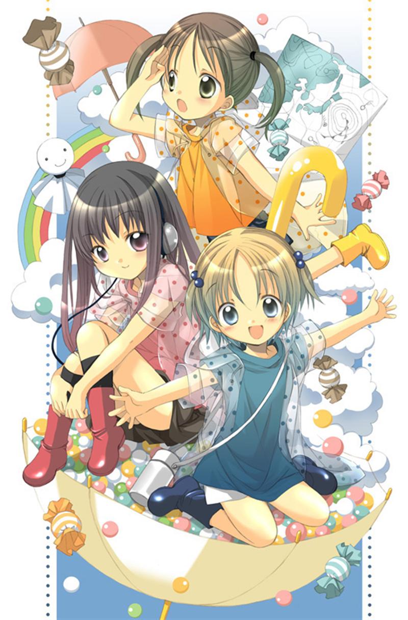 izumi rei, highres, 3girls, black hair, blonde hair, blue eyes, boots, candy, canteen, child, cloud, food, green eyes, hair bobbles, hair ornament, headphones, long hair, map, multiple girls, polka dot, purple eyes, rainbow, raincoat, rubber boots, see-through clothes, short hair, shorts, sky, sweets, teruterubouzu, twintails, umbrella, umbrella riding