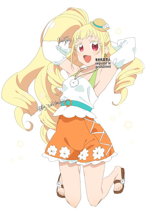 kagayaki alice, kiratto pri chan, pretty series, 1girl, :d, arms up, blonde hair, detached sleeves, drill hair, full body, hat, jewelry, kajitani kou, kneeling, long hair, looking at viewer, mini hat, necklace, open mouth, orange shorts, ponytail, red eyes, sandals, shirt, shorts, side ponytail, simple background, smile, solo, sun hat, white background, white shirt