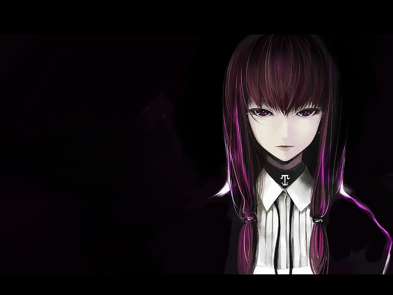 koakuma, embodiment of scarlet devil, touhou, 1girl, black background, dark, female focus, long hair, pale skin, purple eyes, purple hair, solo, upper body