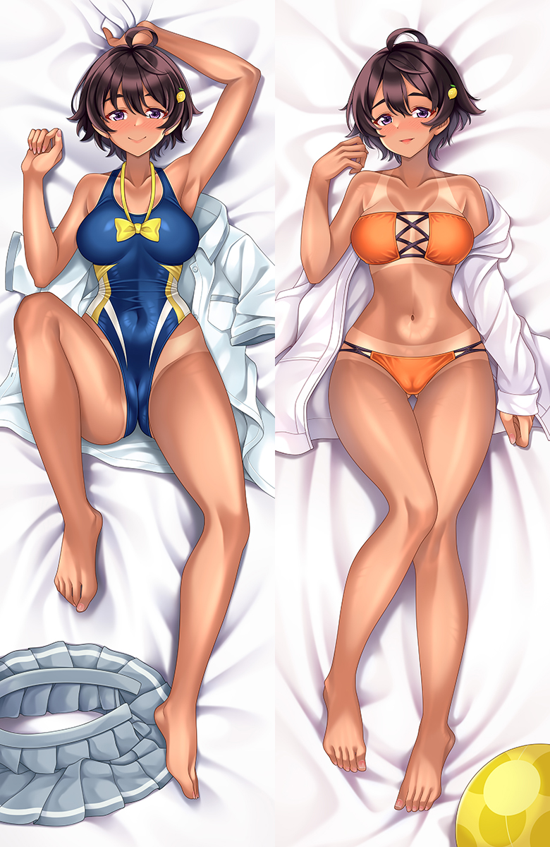 suzu miya, yakishio lemon, cuddly octopus, make heroine ga oo sugiru!, commentary request, highres, 1girl, barefoot, bikini, bikini tan, blue one-piece swimsuit, bow, bowtie, breasts, brown hair, closed mouth, collarbone, covered navel, dakimakura (medium), food-themed hair ornament, full body, grey skirt, hair ornament, jacket, knee up, lemon hair ornament, looking at viewer, lying, medium breasts, multiple views, navel, on back, one-piece swimsuit, orange bikini, parted lips, pleated skirt, purple eyes, shirt, short hair, skirt, smile, strapless, strapless bikini, swimsuit, tan, tanline, unworn shirt, unworn skirt, white jacket, white shirt, yellow bow, yellow bowtie