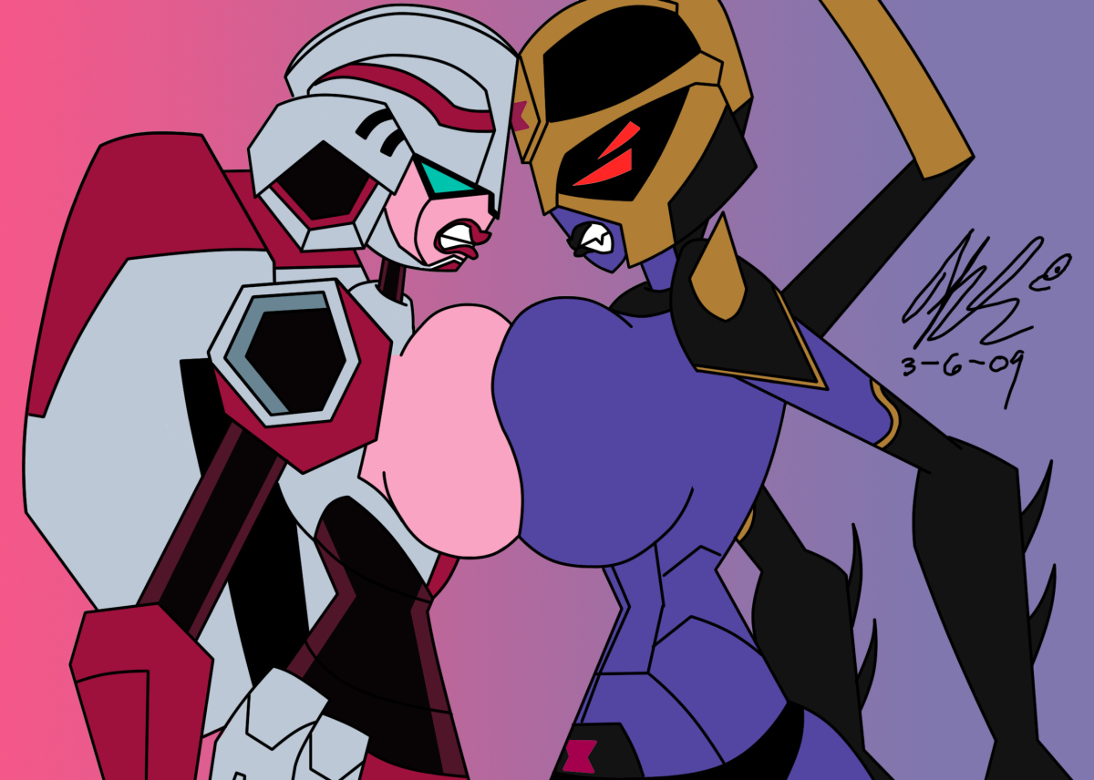arcee, blackarachnia, transformers, transformers animated, artist request, 2009, 2others, angry, breast press, breasts, clenched teeth, dated, gradient background, heads together, huge breasts, large breasts, mecha musume, multiple others, pink background, red lips, signature, simple background, symmetrical docking, teeth