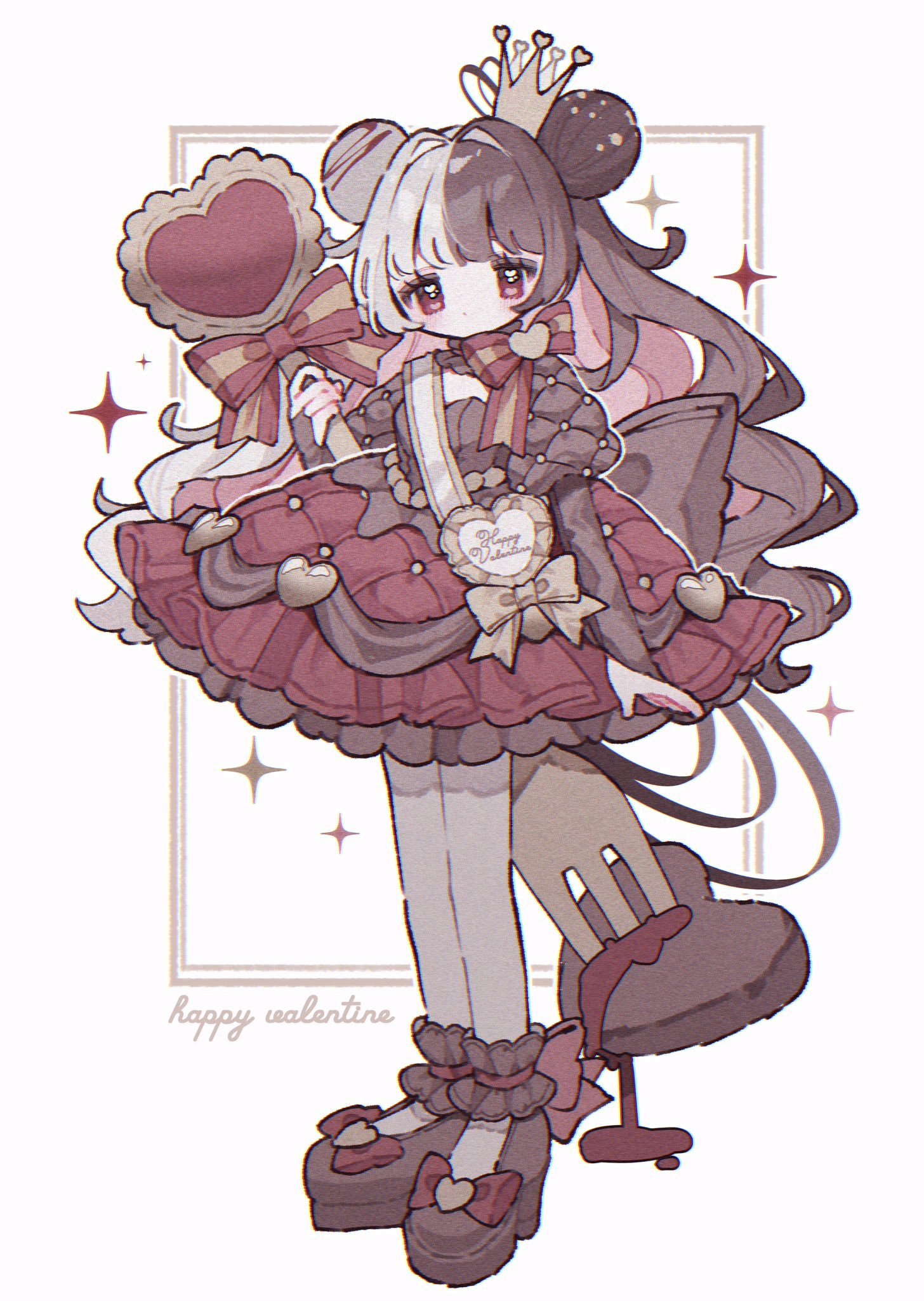 upa papa co, original, commentary, english commentary, highres, 1girl, blush, bow, brown hair, brown shirt, brown shoes, closed mouth, crown, double bun, footwear bow, fork, frilled skirt, frills, full body, grey pantyhose, hair bun, happy valentine, holding, holding fork, juliet sleeves, long hair, long sleeves, looking at viewer, multicolored hair, oversized object, pantyhose, puffy sleeves, red bow, red eyes, red skirt, shirt, shoes, skirt, solo, split-color hair, standing, two-tone hair, white background, white hair