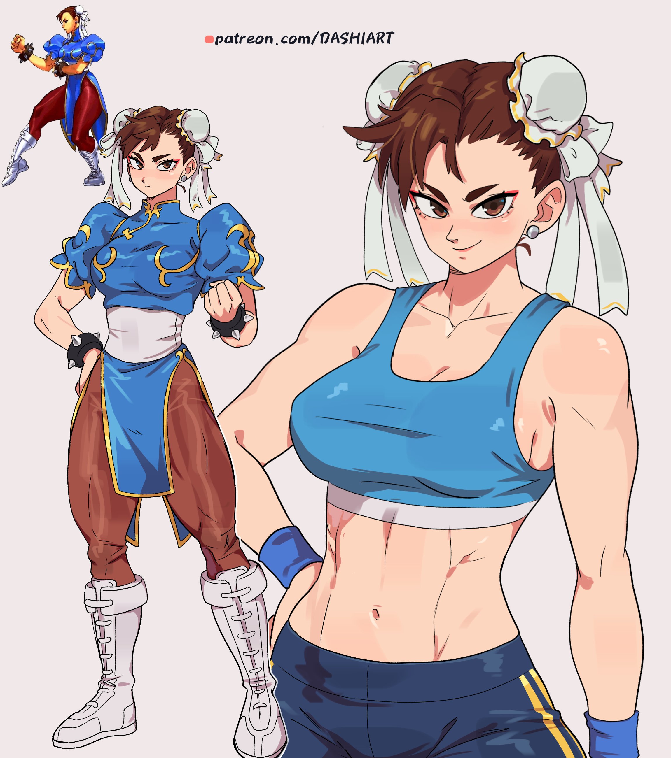 dashi (dashiart), chun-li, capcom, street fighter, absurdres, commentary, highres, 1girl, alternate costume, artist name, boots, bracelet, breasts, brown eyes, brown hair, bun cover, china dress, chinese clothes, double bun, dress, earrings, fighting stance, hair bun, jewelry, looking at viewer, multiple views, pantyhose, patreon username, pelvic curtain, short hair, simple background, spiked bracelet, spikes, watermark, web address, white boots