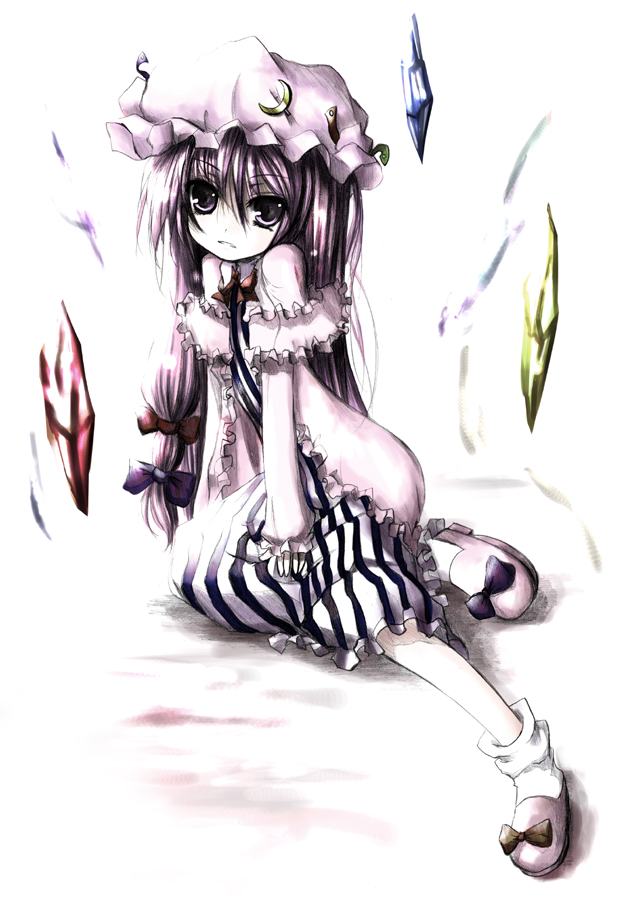 kurona, patchouli knowledge, touhou, 1girl, female focus, full body, long hair, purple eyes, purple hair, solo