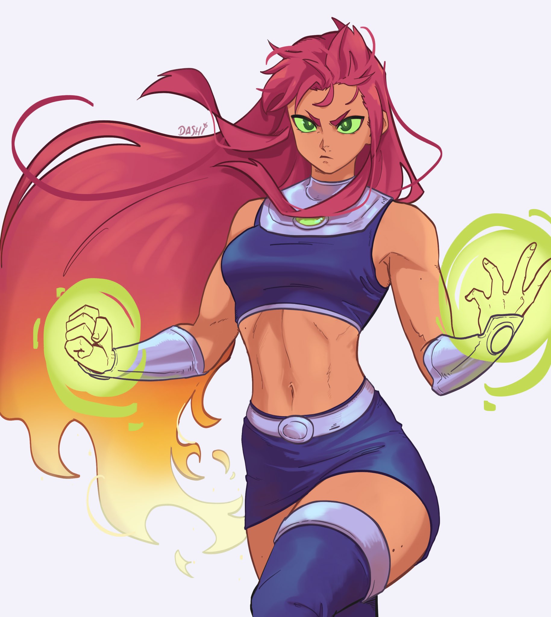 dashi (dashiart), starfire, dc comics, teen titans, commentary, highres, 1girl, artist name, breasts, colored sclera, colored skin, green eyes, green sclera, long hair, navel, orange skin, purple tank top, red hair, simple background, solo, tamaranean, tank top, white background