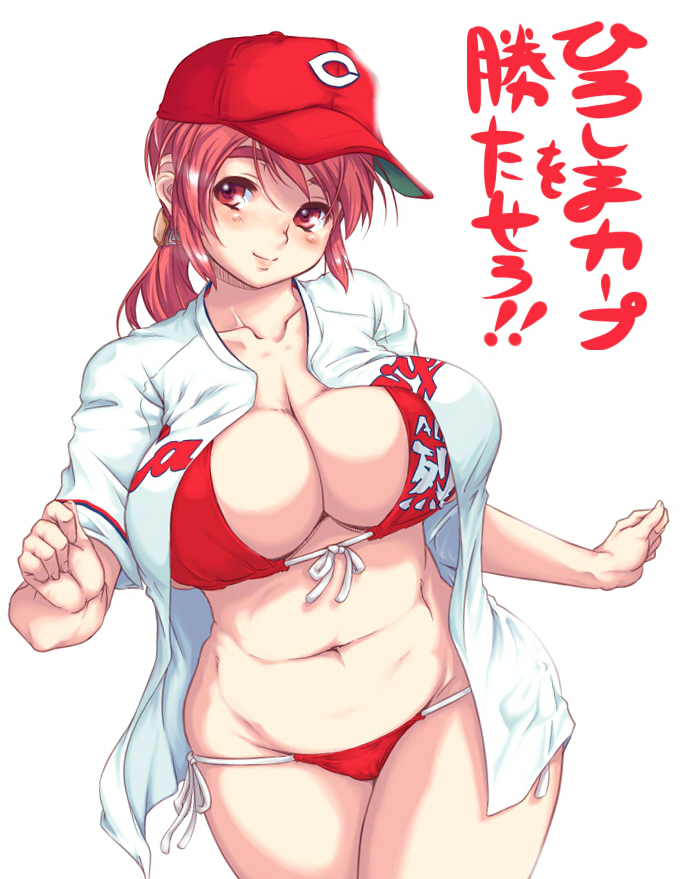 sanemichi hajime, hiroshima touyou carp, nippon professional baseball, original, translated, 1girl, baseball, baseball cap, baseball uniform, belly, bikini, bouncing breasts, breasts, cleavage, clothes writing, curvy, female focus, front-tie top, hat, huge breasts, ponytail, red bikini, red eyes, red hair, short hair, side-tie bikini bottom, smile, solo, sportswear, swimsuit