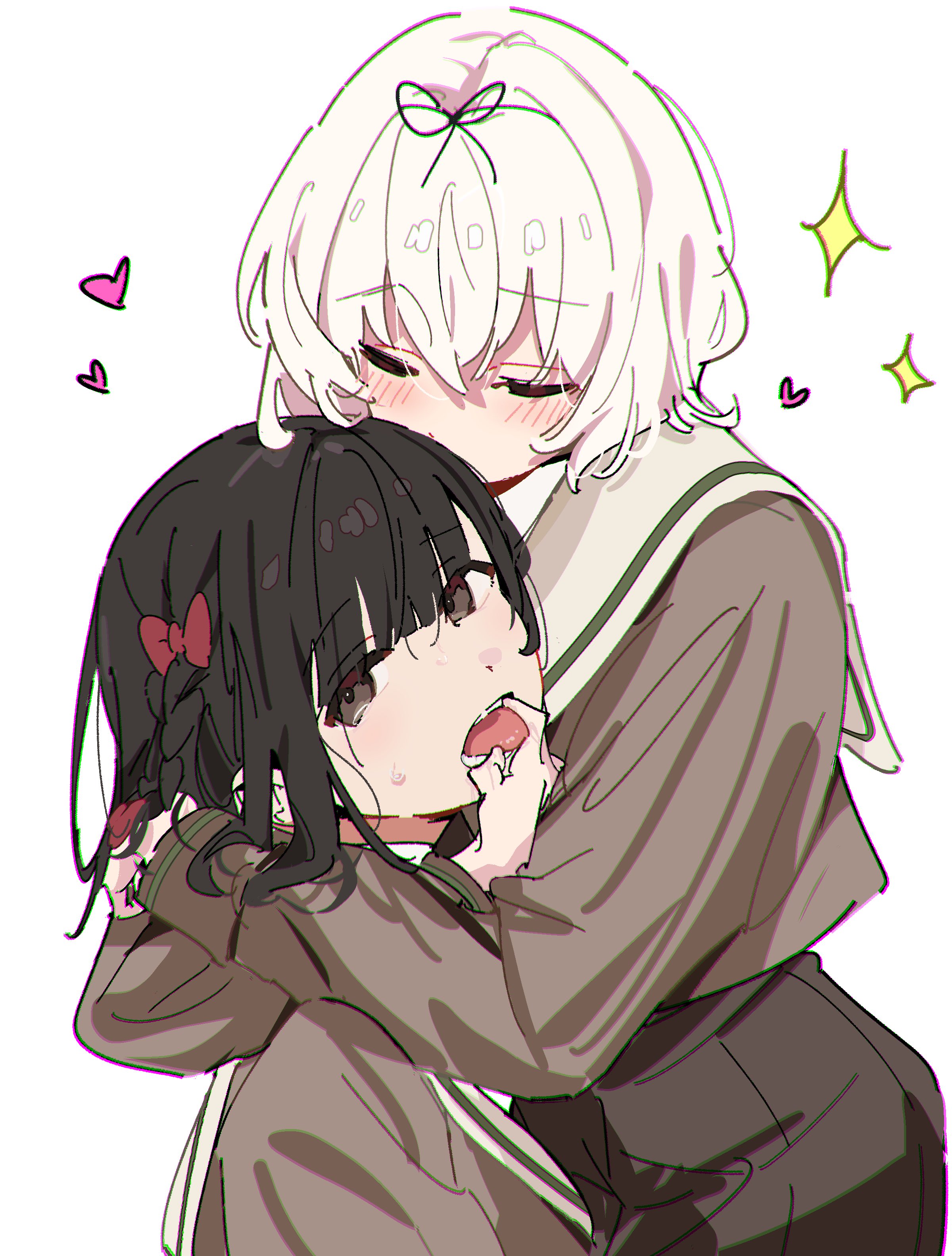 atenaba, hanamura hinako, sezaki airi, kitanai kimi ga ichiban kawaii, absurdres, commentary request, highres, 2girls, black hair, black ribbon, blush, bow, braid, brown eyes, brown shirt, closed eyes, hair bow, hair ribbon, heart, hug, long sleeves, medium hair, multiple girls, pulling tongue, red bow, ribbon, sailor collar, school uniform, serafuku, shirt, side braid, sweatdrop, white sailor collar, yuri