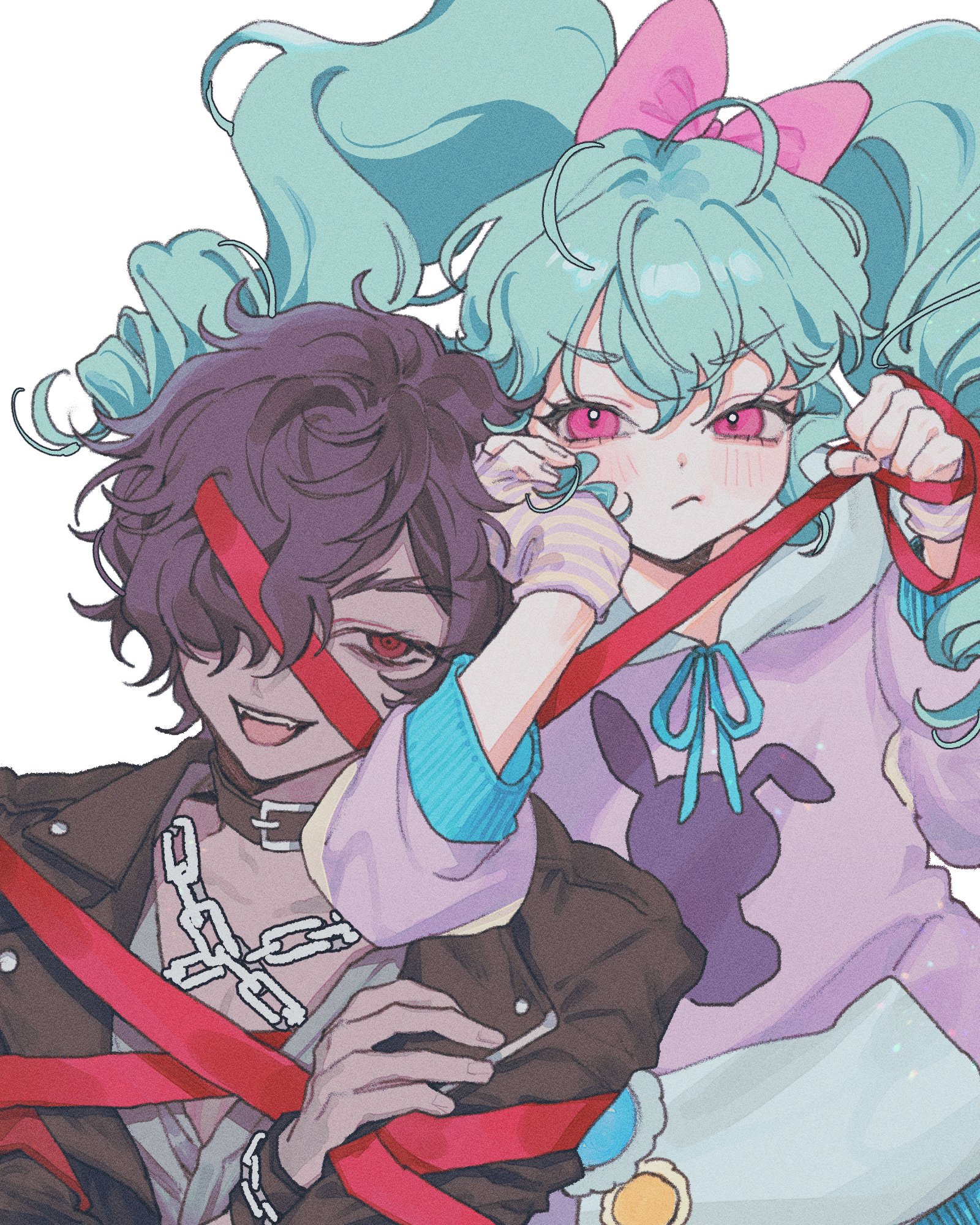 katasumi amari, pretty series, pripara, commentary request, commission, highres, korean commentary, second-party source, 1boy, 1girl, black collar, black jacket, blue hair, bow, chain, collar, crossed arms, dark-skinned male, dark skin, drill hair, hair bow, hair over one eye, hand on own cheek, hand on own face, holding, holding ribbon, hood, hood down, hoodie, idol land pripara, jacket, long hair, long sleeves, looking at viewer, mario (pripara), open mouth, pink bow, pink eyes, purple hoodie, re memberry, red eyes, ribbon, short hair, simple background, smile, twin drills, twintails, upper body, white background