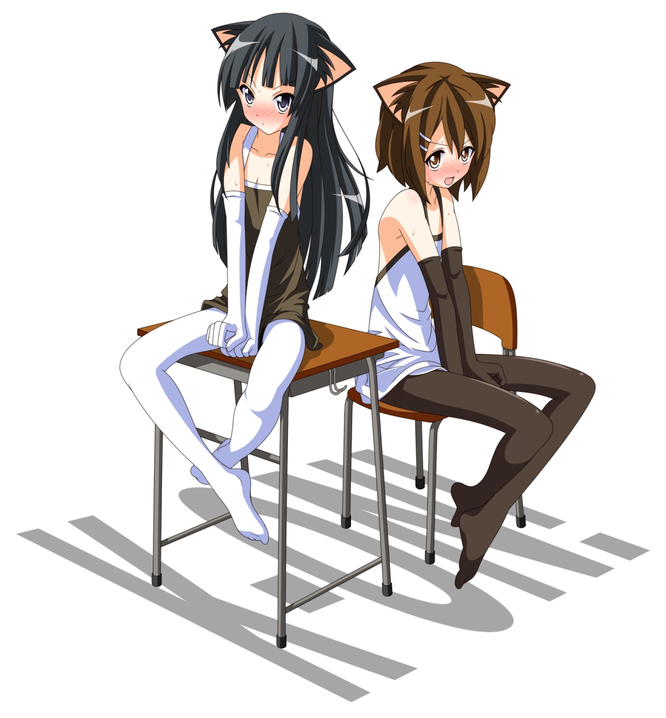 rindou (awoshakushi), akiyama mio, hirasawa yui, k-on!, alternate breast size, highres, 00s, 2girls, animal ears, black hair, blue eyes, blush, brown eyes, brown hair, cat ears, cat girl, desk, elbow gloves, female focus, flat chest, gloves, long hair, multiple girls, pantyhose, short hair, white background, white pantyhose