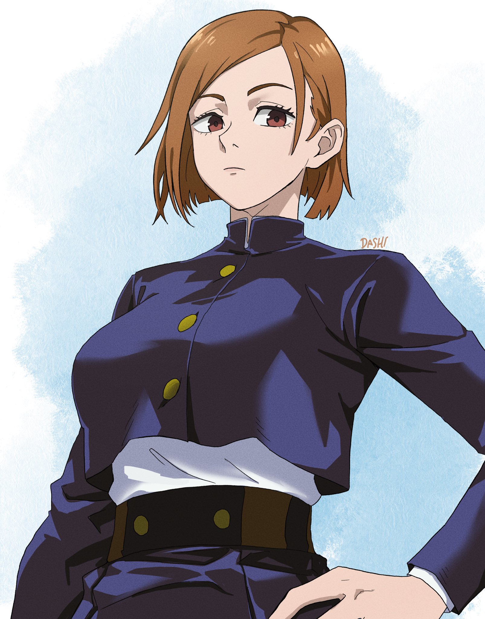 dashi (dashiart), kugisaki nobara, jujutsu kaisen, commentary, highres, 1girl, artist name, breasts, brown eyes, brown hair, closed mouth, jujutsu tech uniform, long sleeves, looking at viewer, school uniform, short hair, solo, swept bangs