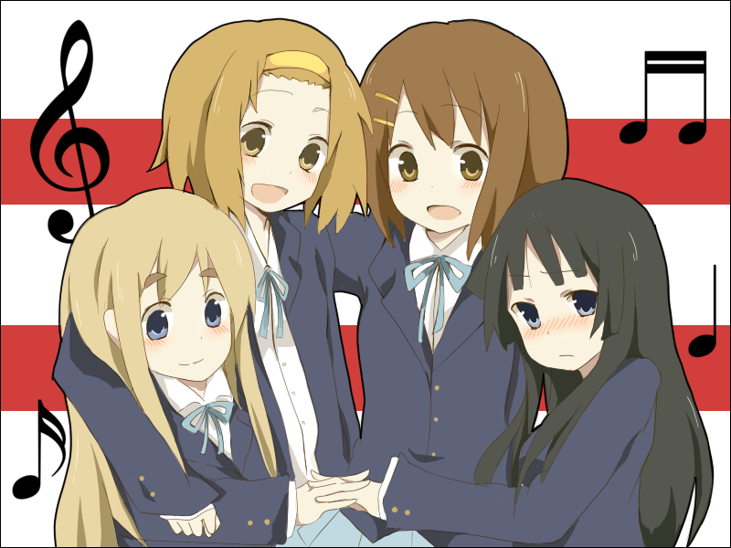 mono (recall), akiyama mio, hirasawa yui, kotobuki tsumugi, tainaka ritsu, k-on!, bad id, bad pixiv id, 00s, 4girls, black hair, blue eyes, blush, brown eyes, brown hair, hairband, ho-kago tea time, long hair, multiple girls, musical note, school uniform, short hair