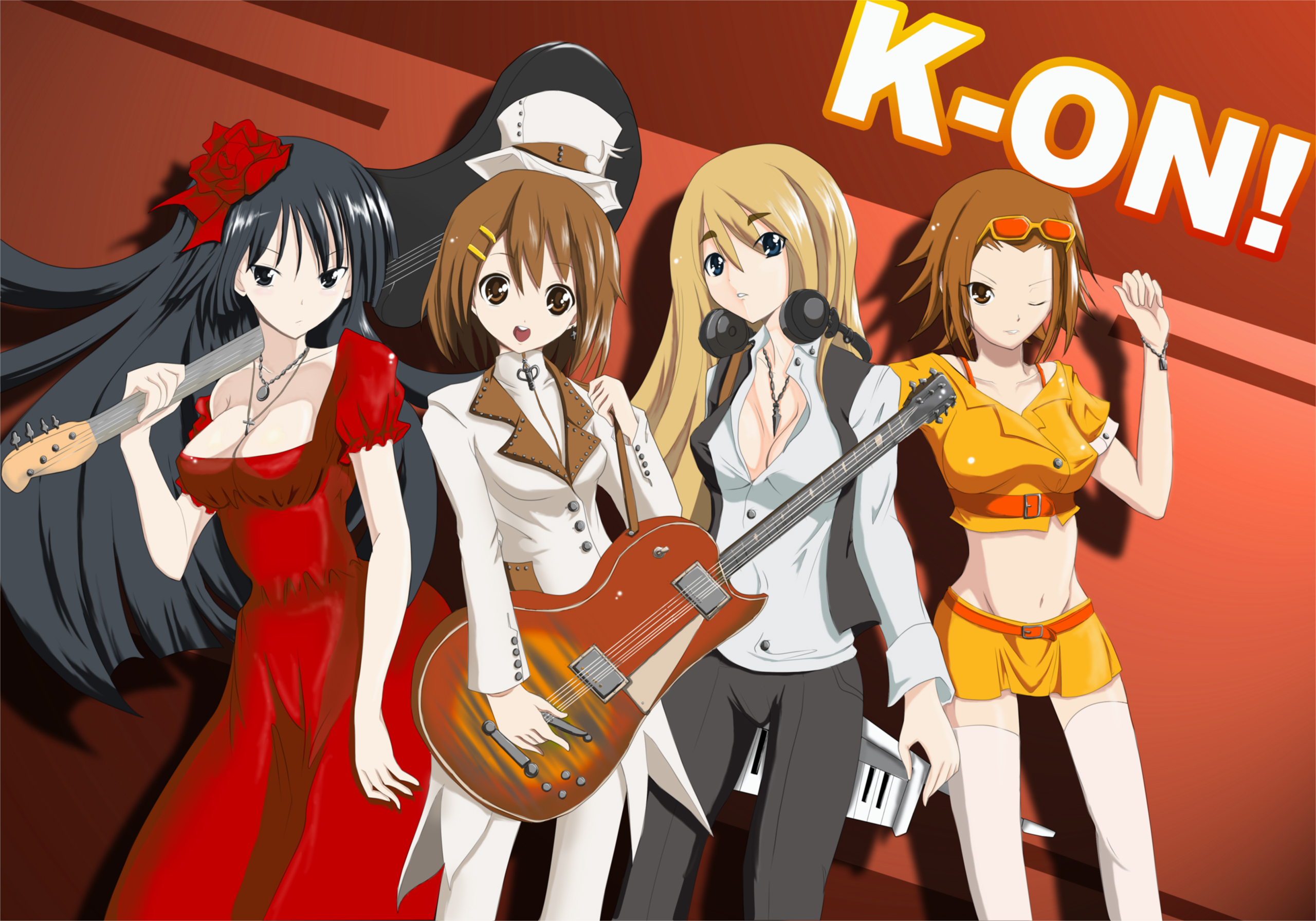 mi ti, akiyama mio, hirasawa yui, kotobuki tsumugi, tainaka ritsu, k-on!, highres, 00s, 4girls, aged up, bass guitar, black eyes, black hair, breasts, brown eyes, brown hair, cleavage, dress, guitar, hat, headphones, headphones around neck, ho-kago tea time, instrument, large breasts, long hair, medium breasts, midriff, multiple girls, orange shirt, shirt, short hair, sunglasses, synthesizer, thighhighs, top hat
