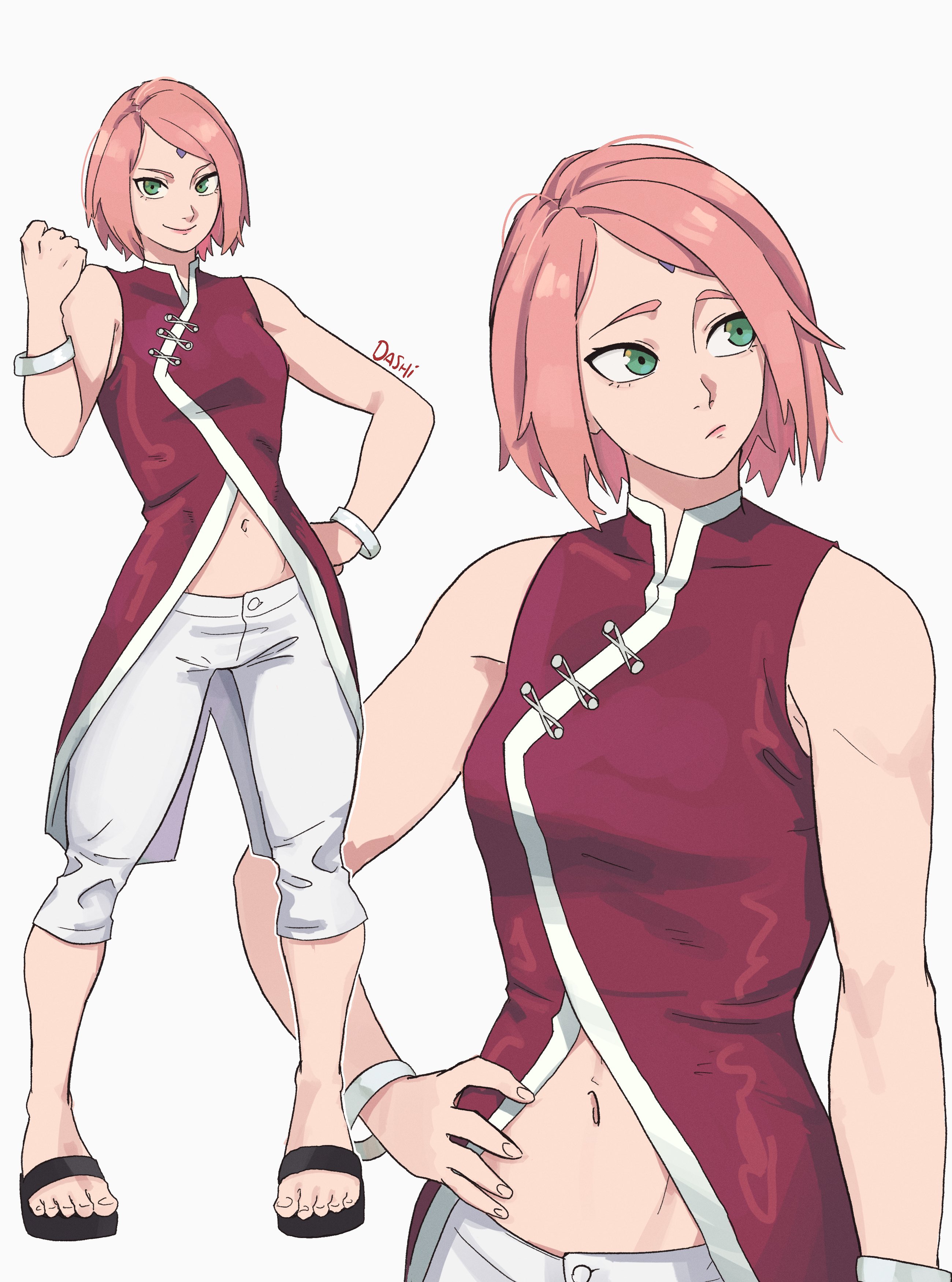 dashi (dashiart), haruno sakura, boruto: naruto next generations, naruto (series), absurdres, commentary, highres, 1girl, artist name, closed mouth, facial mark, forehead mark, full body, green eyes, looking at viewer, multiple expressions, multiple views, navel, pink hair, sandals, short hair, simple background, sleeveless, standing, white background