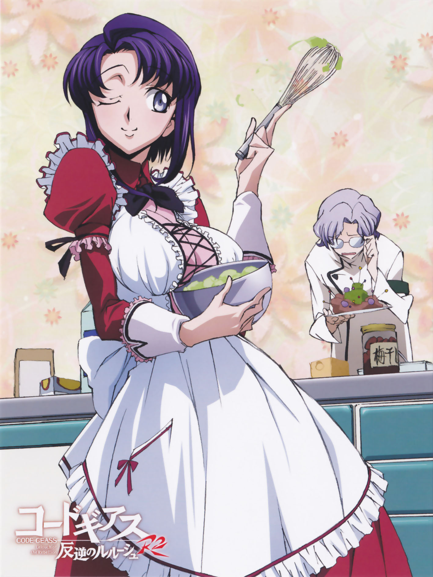 cecile croomy, lloyd asplund, code geass, highres, 00s, 1boy, 1girl, alternate costume, apron, bad food, blue hair, breasts, cleavage, cooking, enmaided, glasses, grey hair, maid, maid apron, one eye closed, short hair, wink