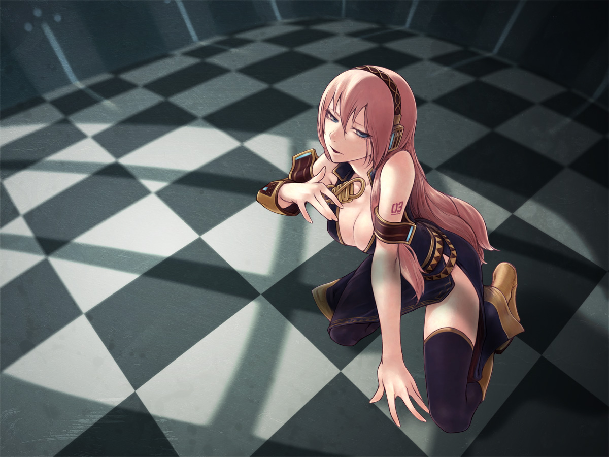 hanji (hansi), megurine luka, vocaloid, 1girl, breasts, cleavage, female focus, headphones, indoors, legs, lips, long hair, open mouth, pink hair, small breasts, solo, thighhighs, very long hair