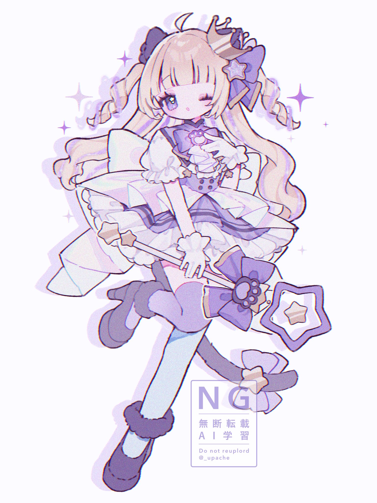 upa papa co, original, commentary, highres, symbol-only commentary, 1girl, ;o, asymmetrical legwear, black shoes, blonde hair, blue thighhighs, blunt bangs, blush, bow, bowtie, dress, drop shadow, full body, gloves, hair bow, high heels, holding, holding wand, long hair, looking at viewer, mismatched legwear, one eye closed, open mouth, purple bow, purple bowtie, purple dress, purple eyes, purple thighhighs, shoes, short sleeves, simple background, solo, sparkle, standing, standing on one leg, thighhighs, twintails, twitter username, wand, watermark, white background, white gloves