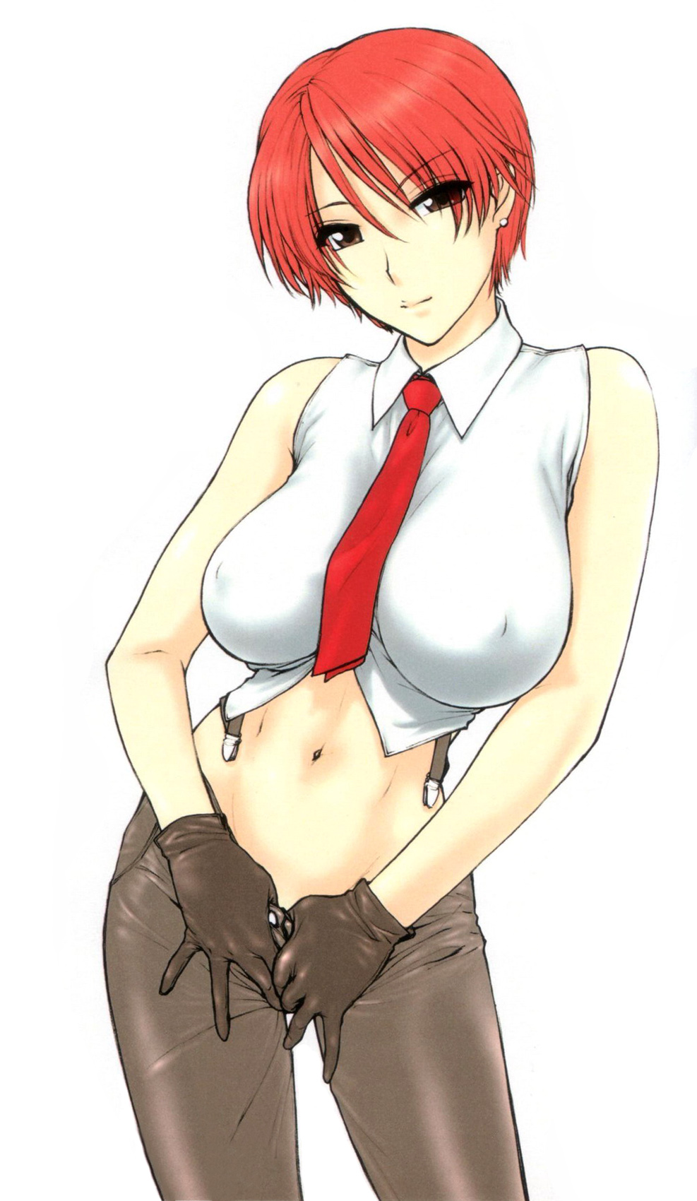 st.germain-sal, vanessa (kof), snk, the king of fighters, highres, 1girl, breasts, brown eyes, crotch grab, earrings, female focus, gloves, jewelry, large breasts, midriff, necktie, red hair, short hair, simple background, solo
