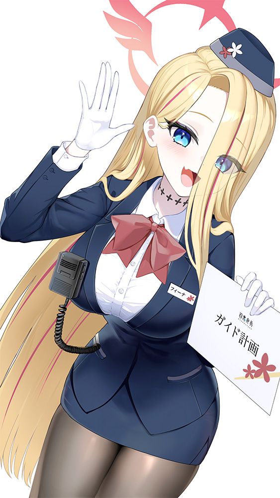 1q (madoromi minority), pina (blue archive), pina (guide) (blue archive), blue archive, commentary, :d, black pantyhose, blonde hair, blue eyes, blue hat, blue jacket, blue skirt, bow, bowtie, breasts, buttons, collared shirt, curtained hair, dress shirt, eyes visible through hair, fang, garrison cap, gloves, gradient halo, hair over one eye, halo, hand up, hat, holding, holding sign, jacket, large breasts, leaning forward, long hair, long sleeves, multicolored hair, multicolored halo, name tag, neck tattoo, official alternate costume, open hand, open mouth, pantyhose, pencil skirt, red bow, red bowtie, red halo, red streaks, shirt, sign, simple background, skin fang, skirt, smile, streaked hair, tattoo, tour guide, walkie-talkie, waving, white background, white gloves, white shirt, winged halo
