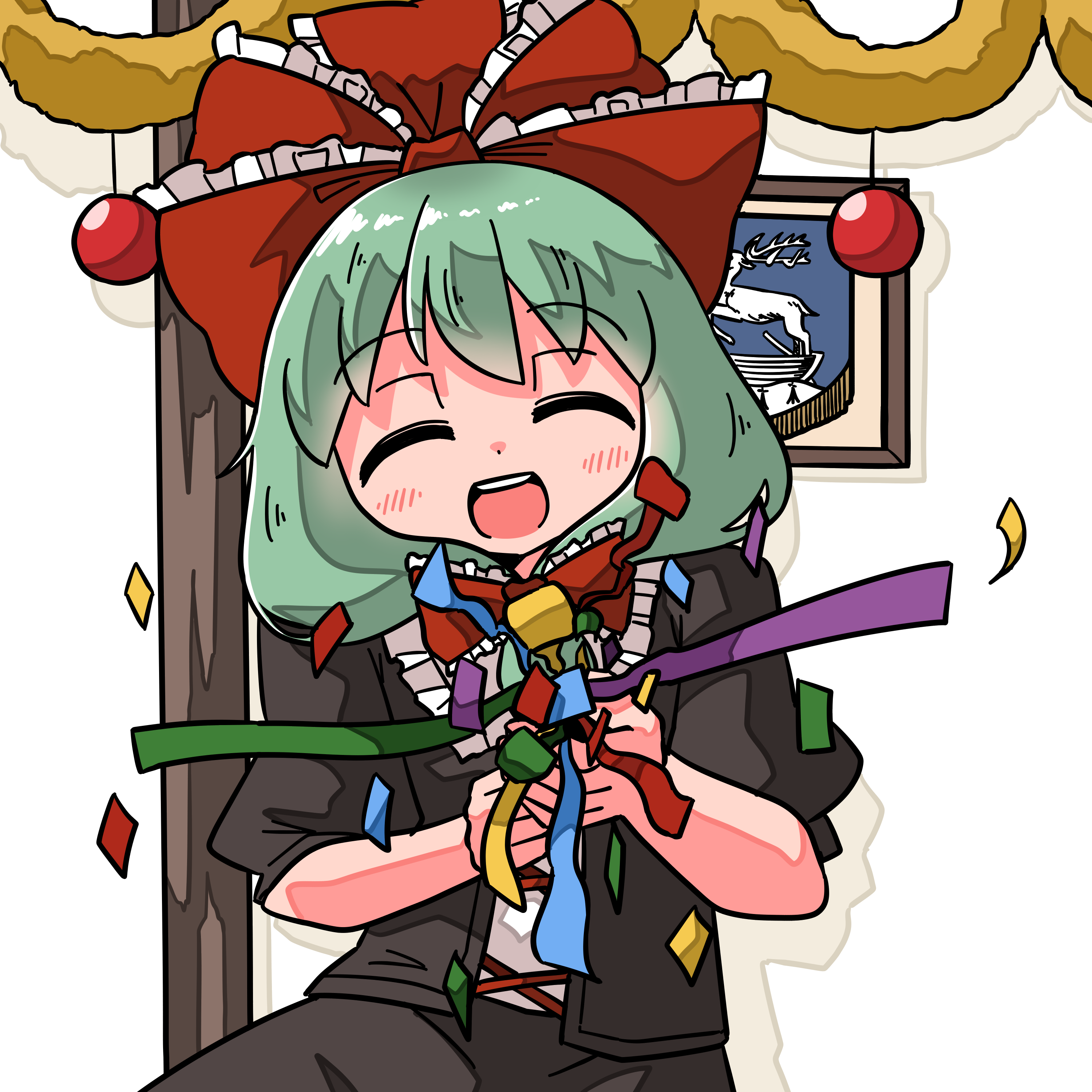 kasuya baian, kagiyama hina, touhou, absurdres, commission, highres, pixiv commission, 1girl, birthday, bow, brown skirt, facing viewer, front ponytail, green hair, hair ribbon, happy birthday, indoors, open mouth, red bow, red ribbon, ribbon, skirt, smile, solo, upper body