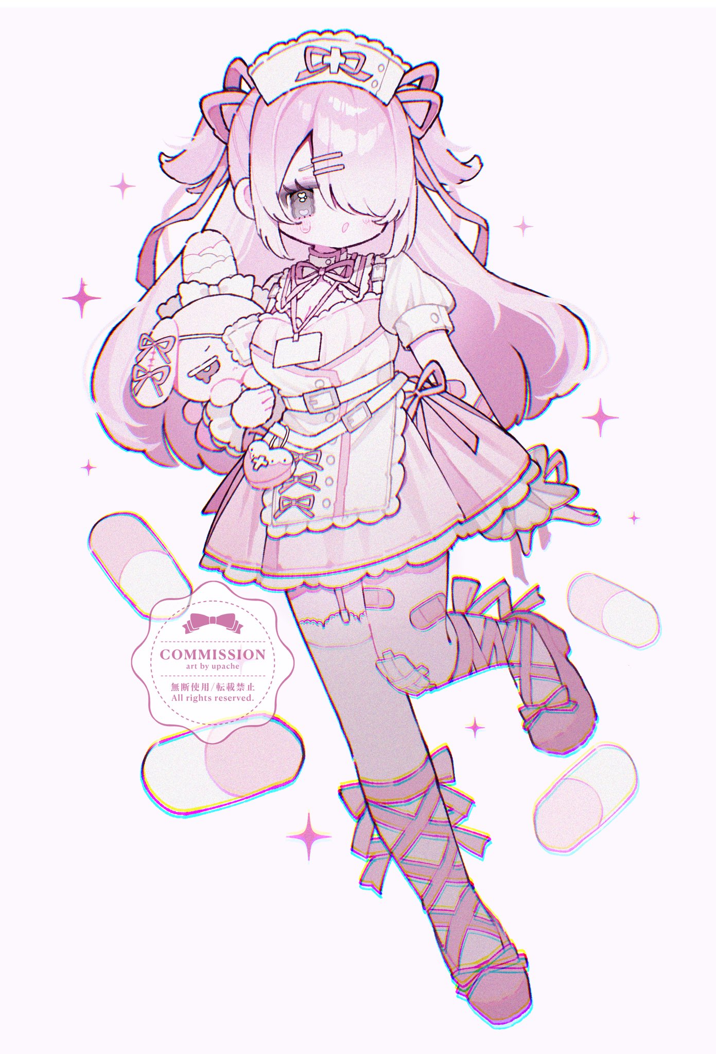 upa papa co, original, commentary, commission, highres, symbol-only commentary, 1girl, ankle lace-up, artist name, blush, dress, frilled dress, frills, full body, grey eyes, hair ornament, hair over one eye, hair ribbon, hairclip, hat, holding, holding stuffed toy, long hair, neck ribbon, nurse cap, open mouth, parallel hairclips, parted bangs, pink dress, pink hair, pink ribbon, pink shoes, ribbon, shoes, short sleeves, simple background, solo, sparkle, standing, standing on one leg, stuffed animal, stuffed rabbit, stuffed toy, two side up, watermark, white background, white hat