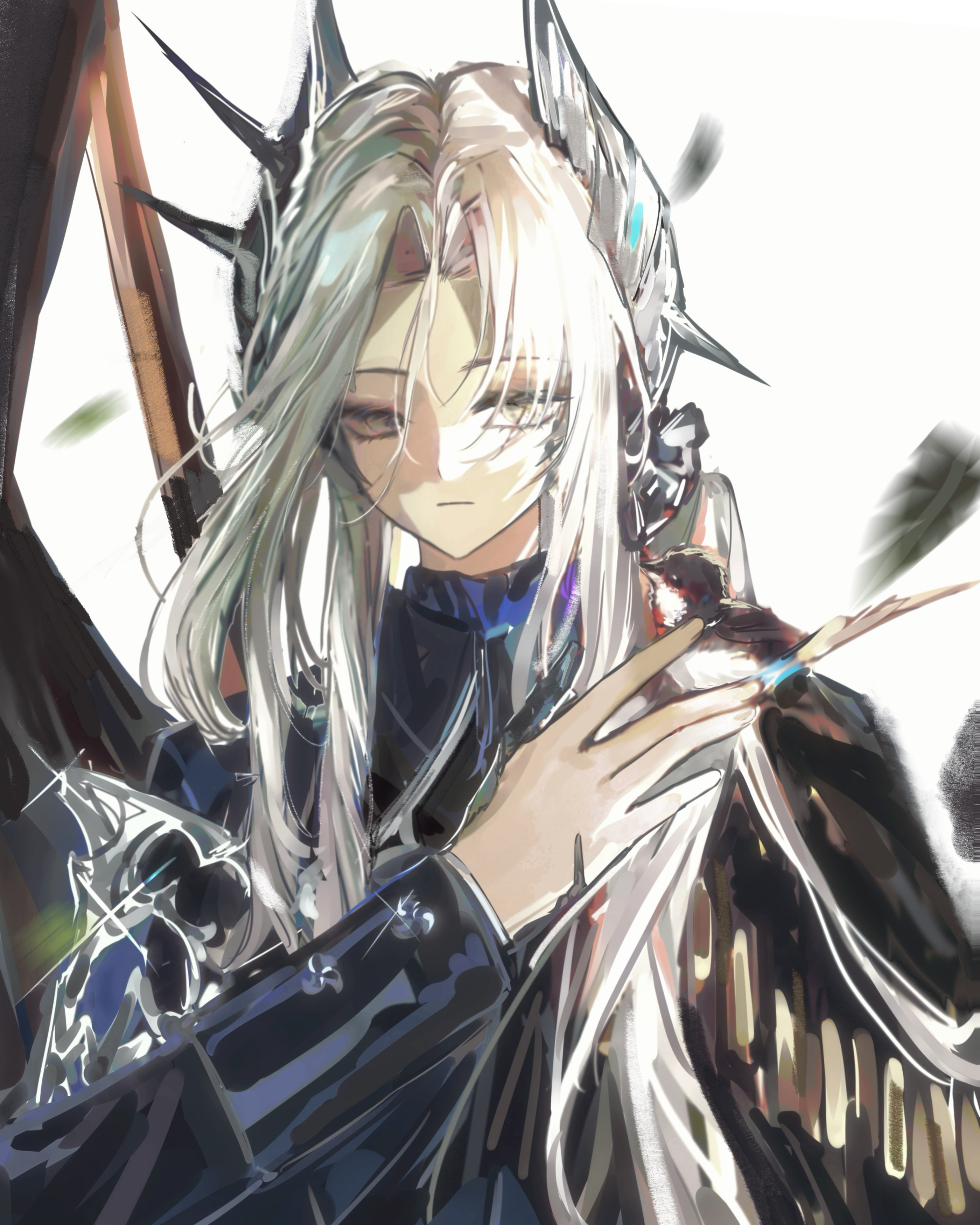 weiyan (nbnbmwnl), reverse:1999, absurdres, highres, 1girl, animal, animal on shoulder, bird, bird on shoulder, black cape, blue jacket, cape, falling feathers, feathers, grey eyes, hair ornament, hand up, jacket, looking at viewer, low ponytail, military uniform, parted bangs, ponytail, sentinel (reverse:1999), side cape, solo, sparrow, upper body, white background, white hair