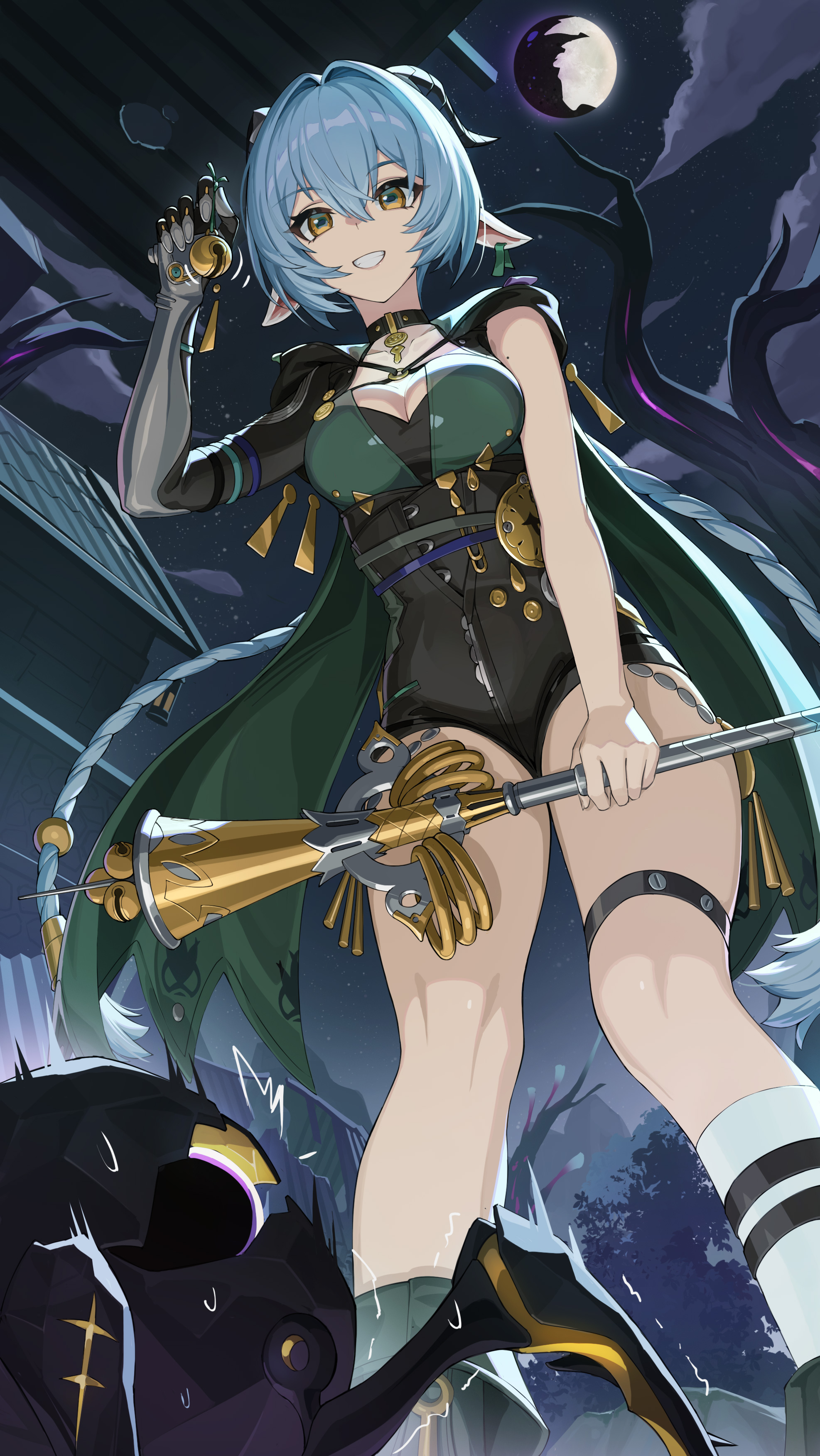 rx-c, ethereal (zenless zone zero), lucia elowen, zenless zone zero, braided twintails, absurdres, commentary request, highres, 1girl, 1other, accessories, animal ears, bare tree, bell, black unitard, boots, braid, breasts, building, choker, cleavage, cloud, collarbone, earrings, from below, goat, goat ears, goat girl, goat horns, green boots, grin, holding, holding bell, holding staff, hood, horns, jewelry, key, key choker, knee strap, long hair, looking at another, medallion, medium breasts, mole, mole on arm, moon, night, night sky, outdoors, pointy ears, scared, single sleeve, single sock, sky, smile, socks, staff, sweat, tree, twintails, white socks