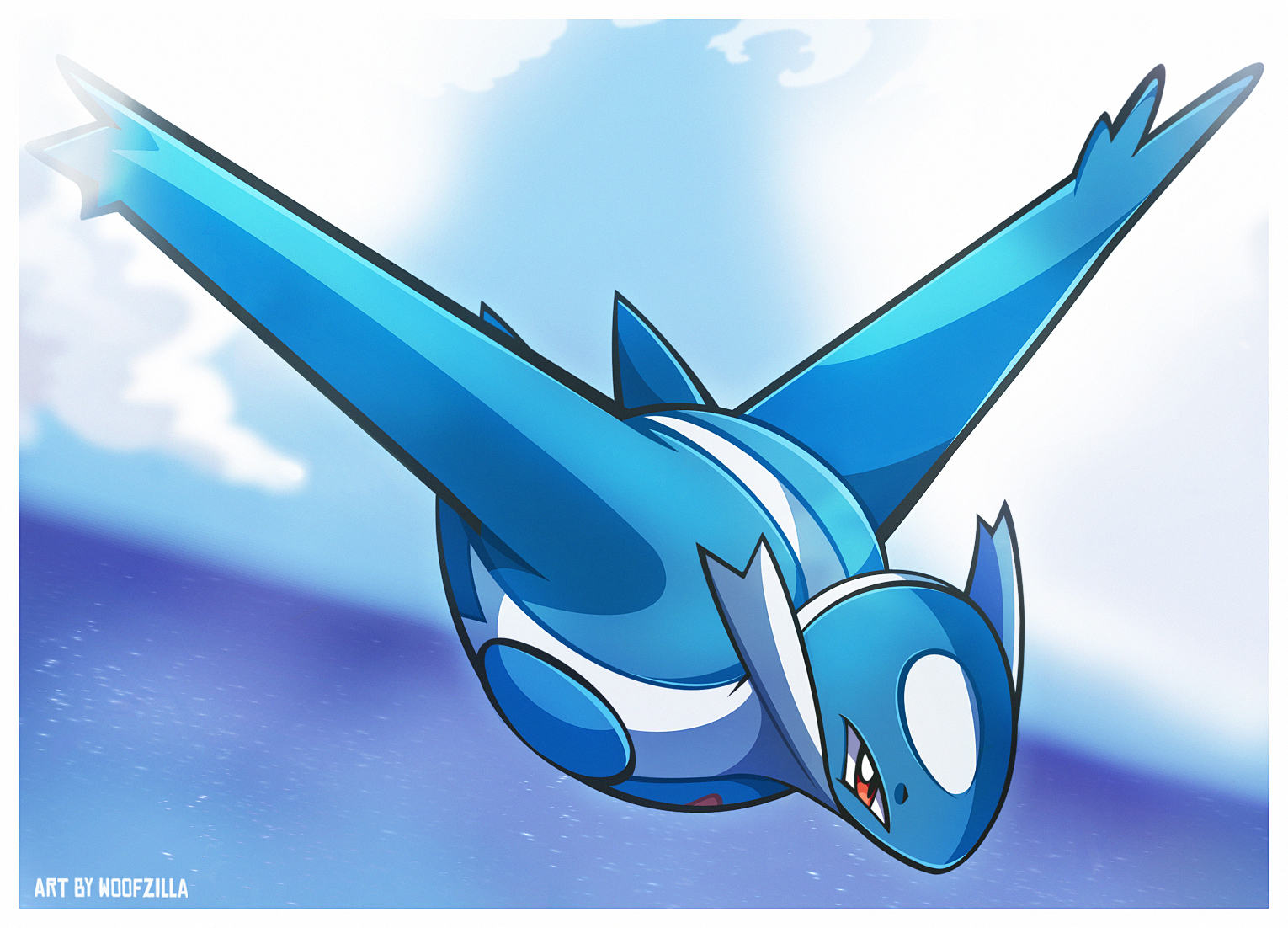 woofzilla, latios, nintendo, pokemon, commentary, english commentary, artist name, border, cloud, day, flying, gen 3 pokemon, legendary pokemon, no humans, ocean, outdoors, pokemon (creature), red eyes, sky, solo, white border