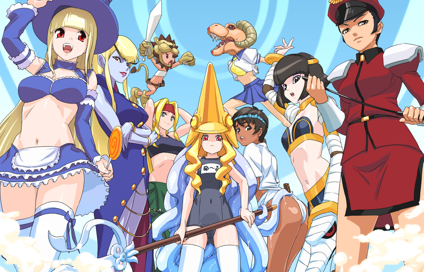 usatarou, alex (street fighter), anakaris, hauzer, ingrid (capcom), jedah dohma, leo (warzard), m. bison, nool, urien, capcom, capcom fighting jam, darkstalkers, street fighter, street fighter ii (series), street fighter iii (series), warzard, 1990s (style), 6+girls, animal hands, arm garter, arm up, arms behind head, ass, bandages, bandeau, black eyes, black hair, blonde hair, blue eyes, blue skin, bracelet, candy, colored skin, crop top, crossed arms, crossover, dark-skinned female, dark skin, detached sleeves, double bun, dress, everyone, eyeshadow, flat chest, food, fundoshi, genderswap, genderswap (mtf), gloves, hair bun, hair ornament, hairclip, hat, headband, helmet, horns, japanese clothes, jewelry, lipstick, lollipop, long hair, looking back, makeup, mask, midnight bliss, midriff, military, military uniform, multiple crossover, multiple girls, navel, one-piece swimsuit, open mouth, panties, peaked cap, polearm, red eyes, retro artstyle, riding crop, school swimsuit, school uniform, serafuku, short hair, skirt, smile, strapless, swimsuit, swirl lollipop, sword, tail, teeth, tentacles, thighhighs, trident, tube top, underwear, upskirt, weapon, white hair, white panties, white thighhighs, zettai ryouiki