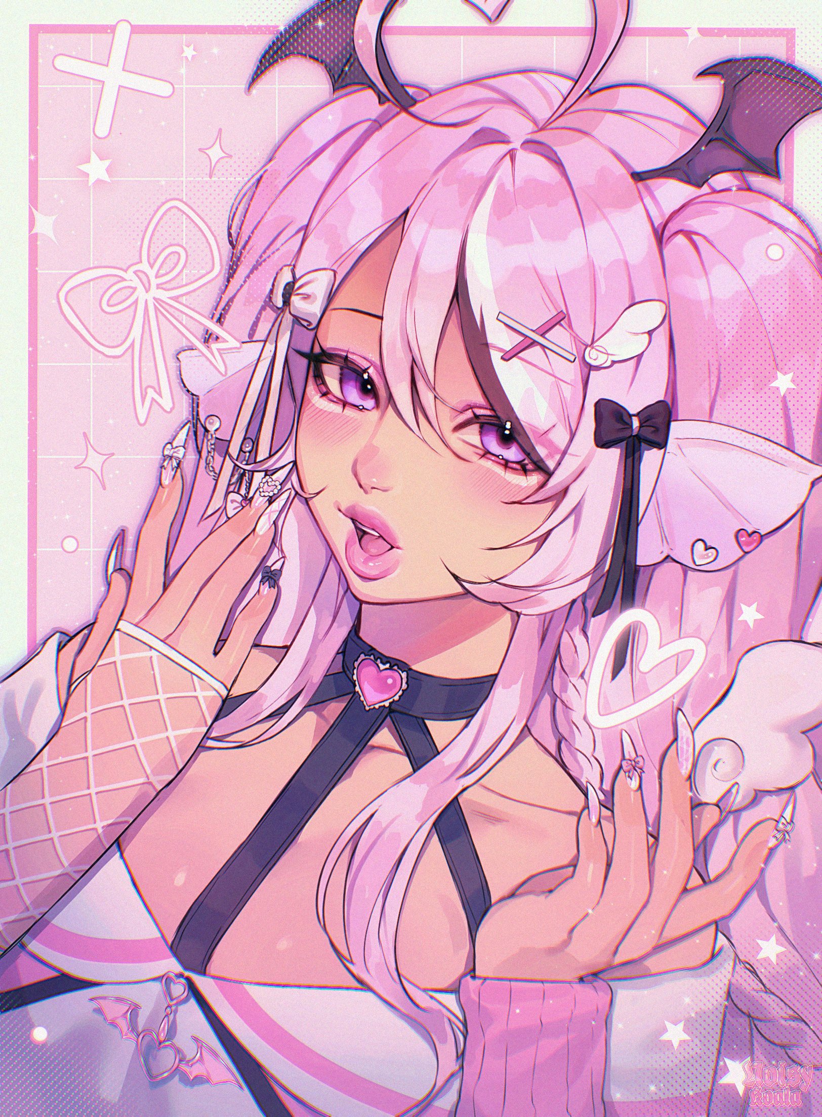 noisykoala, indie virtual youtuber, commentary, commission, highres, symbol-only commentary, 1girl, ||/, ahoge, black choker, black ribbon, border, bow (weapon), braid, brown streaks, choker, chromatic aberration, collarbone, cross hair ornament, demon wings, double-parted bangs, drawing bow, dutch angle, ear chain, ear piercing, earrings, eyelashes, eyes visible through hair, eyeshadow, fingerless gloves, fingernails, fins, fishnet gloves, fishnets, four-pointed star, gem-studded nails, gloves, grid background, gyaru makeup, hair between eyes, hair ornament, halftone, hands up, head fins, head wings, heart, heart ahoge, heart choker, heart earrings, holding, holding bow (weapon), holding weapon, jewelry, light blush, light particles, linked piercing, long fingernails, long hair, looking at viewer, makeup, mirukugatsu, multicolored nails, nail ornament, off-shoulder shirt, off shoulder, open mouth, outline, piercing, pink background, pink eyeshadow, pink hair, pink lips, pink nails, pink sleeves, pink theme, portrait, purple eyes, purple outline, ribbon, ribbon hair, shirt, side braid, single glove, single hair streak, single sleeve, star (symbol), tan, teeth, tongue, two-tone nails, two side up, upper teeth only, weapon, white border, white gloves, white nails, white ribbon, white shirt, white streaks, wing hair ornament, wings