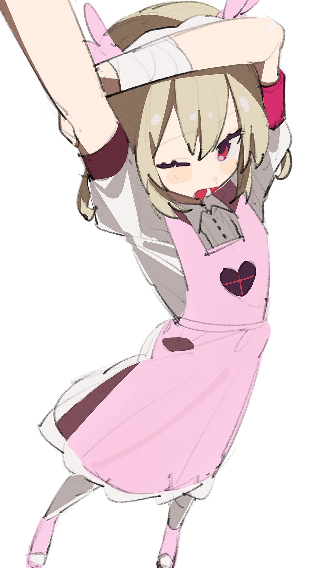 natori sana, natori sana (nurse), sana channel, highres, 1girl, apron, arm up, blonde hair, collared dress, dress, full body, hair ornament, heart, heart print, long hair, looking at viewer, one eye closed, open mouth, pink apron, pipop (sakanauwosakana), puffy short sleeves, puffy sleeves, rabbit hair ornament, red eyes, short sleeves, simple background, smile, solo, standing, stretching, two side up, virtual youtuber, white background, white dress