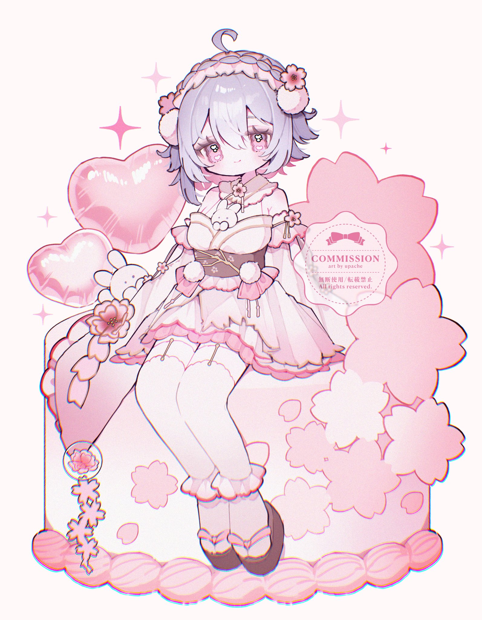 upa papa co, original, commentary, commission, highres, symbol-only commentary, 1girl, ahoge, artist name, bare shoulders, blush, brown sandals, closed mouth, double-parted bangs, dress, frilled dress, frills, full body, hair between eyes, hairband, looking at viewer, okobo, pink eyes, pink hairband, platform sandals, purple hair, sandals, short hair, simple background, sitting, smile, solo, tabi, thighhighs, watermark, white background, white dress, white thighhighs